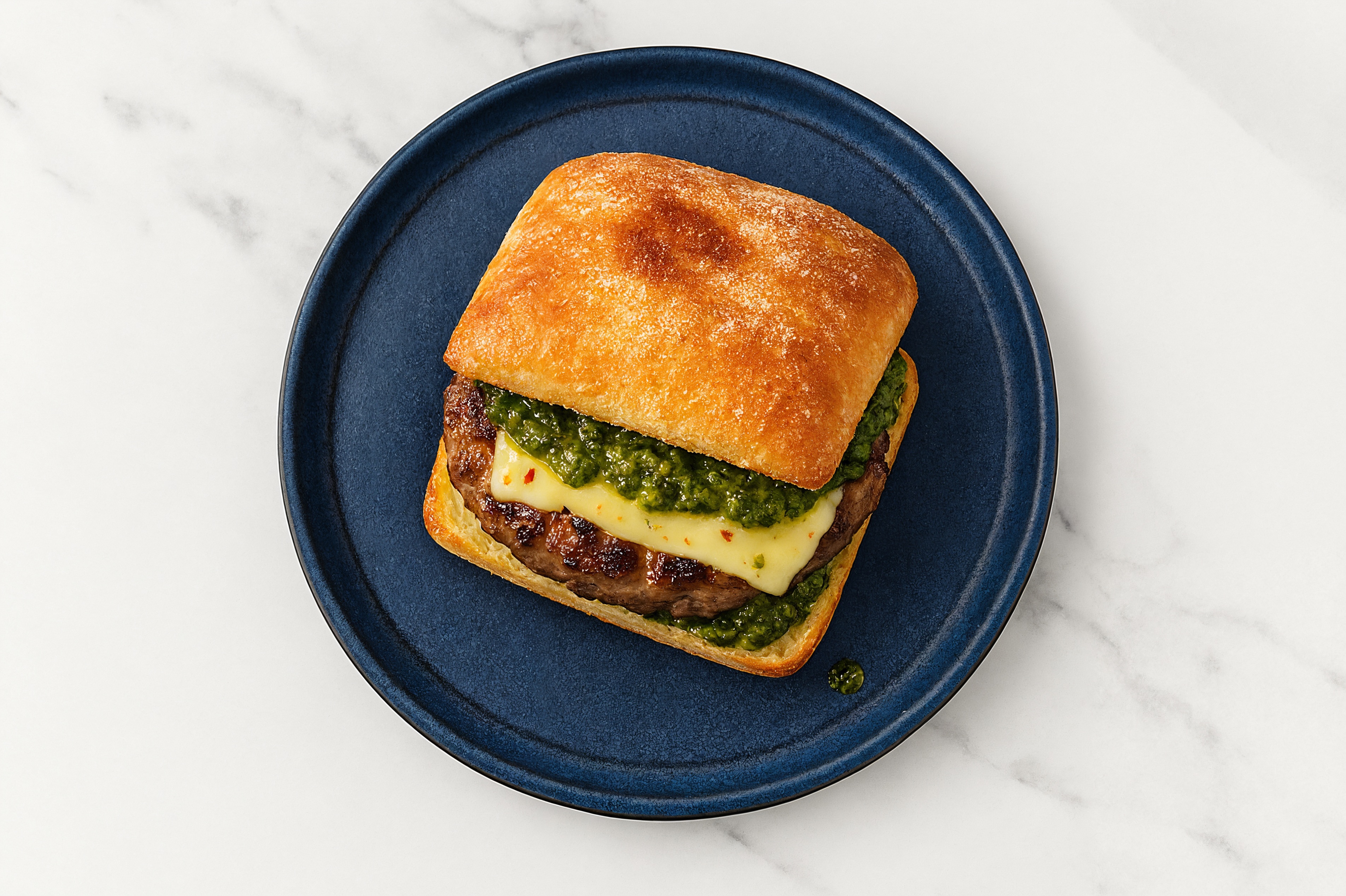 Lamb Burger on Ciabatta with Spinach Pesto & Pepper Jack