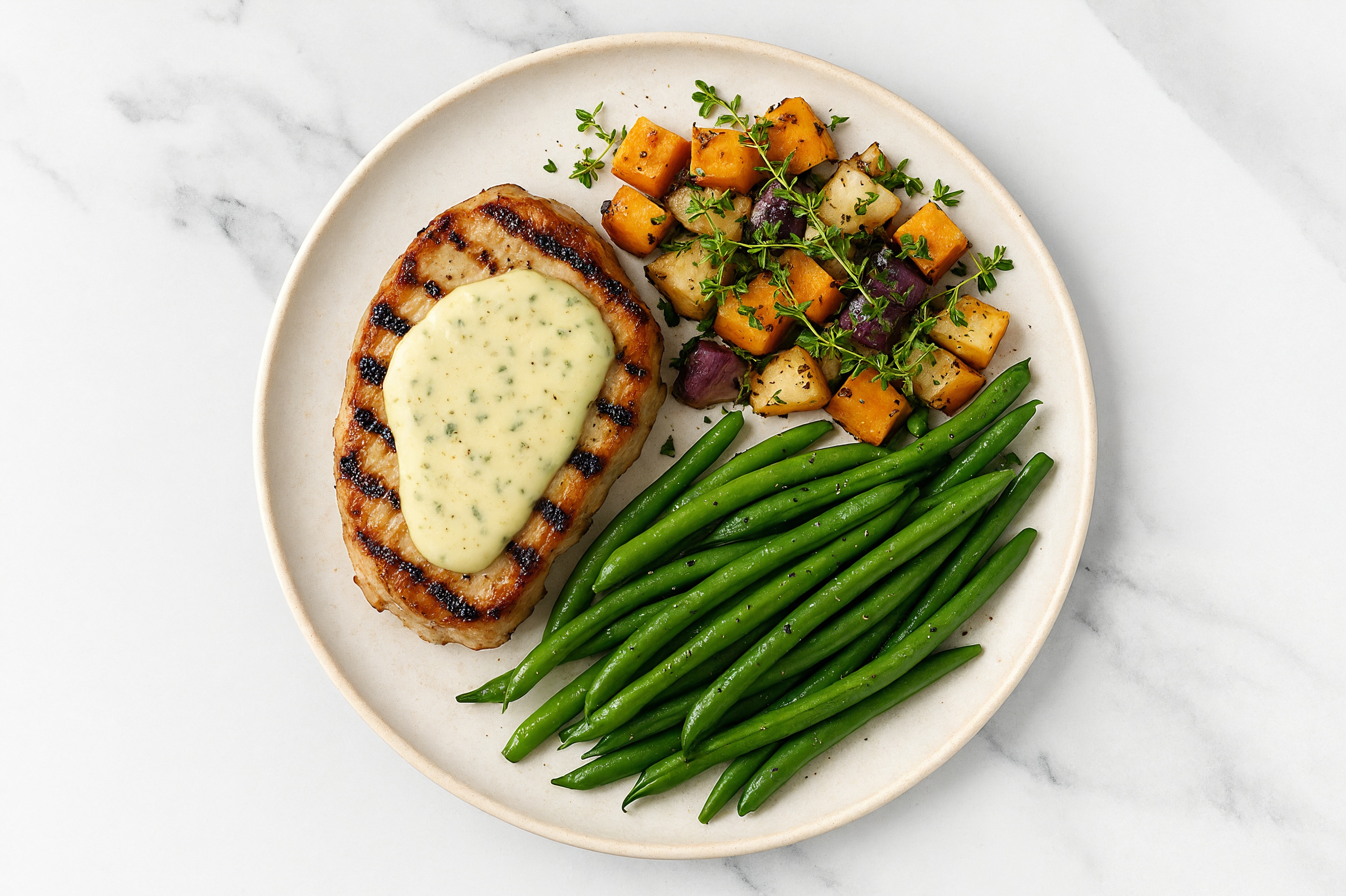 Creamy Herb Smothered Pork Chops with Green Beans & Roasted Vegetables