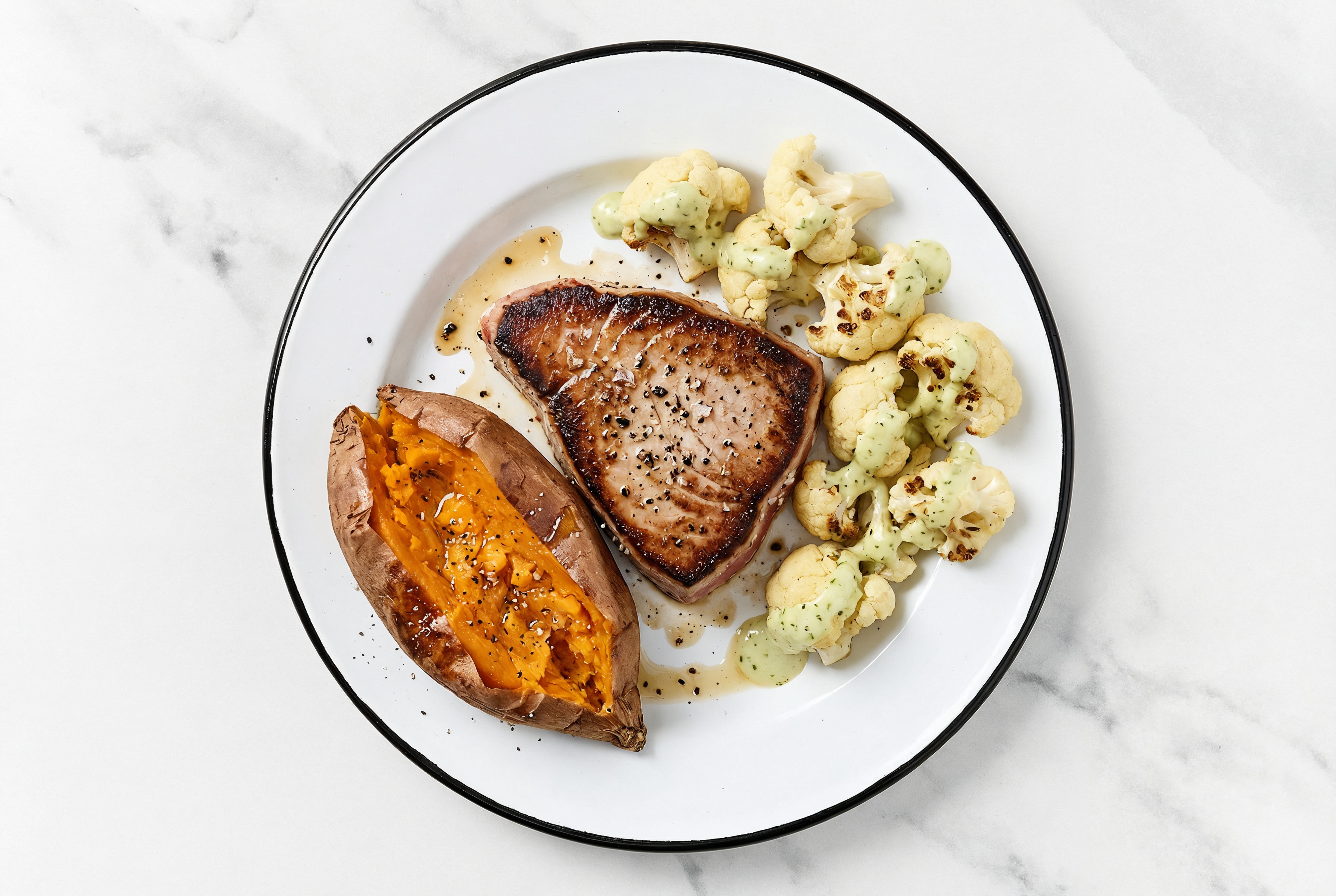 Blackened Tuna Steaks + Creamy Jalapeño Veggies