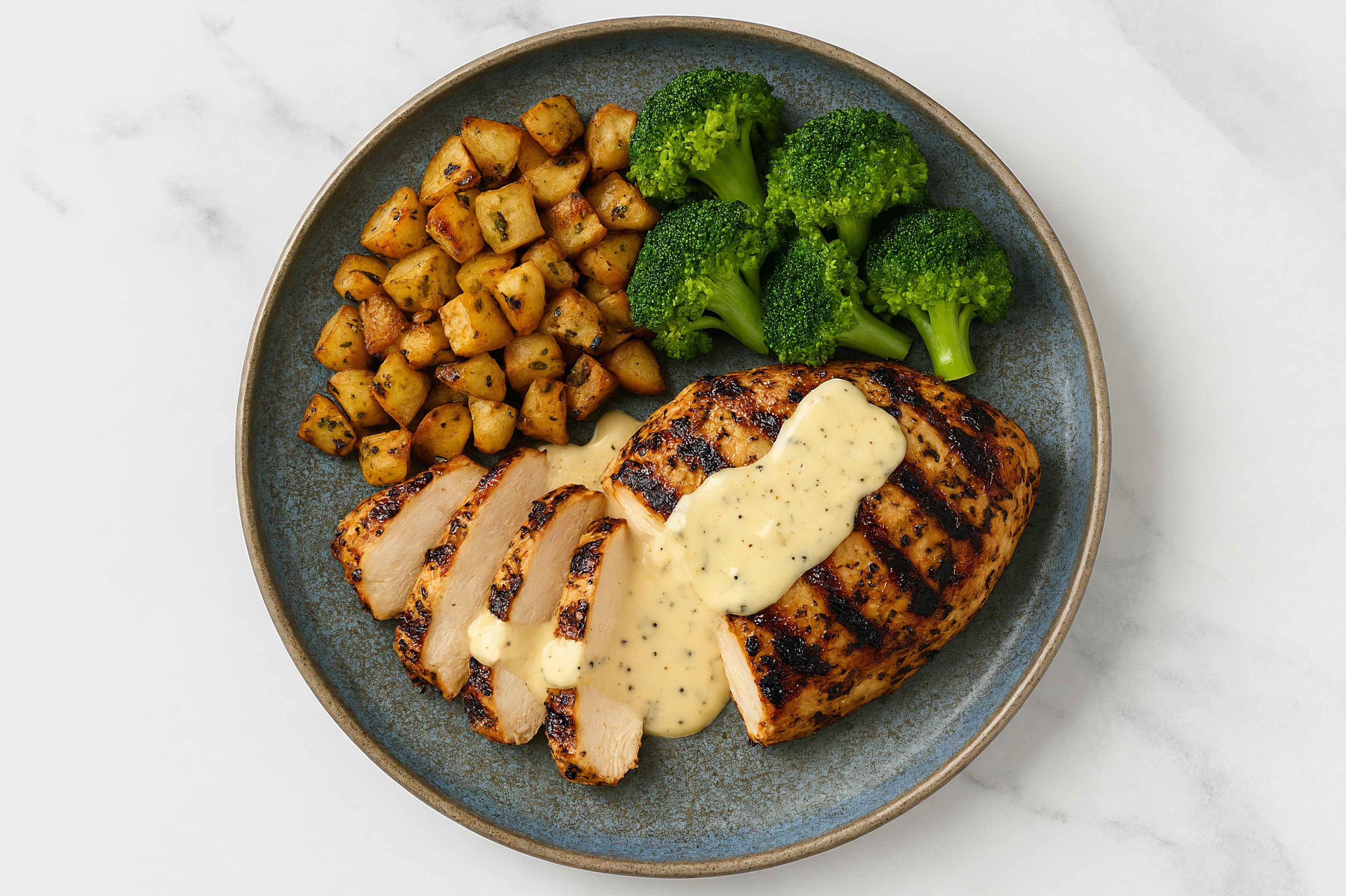 Asiago Mediterranean Grilled Chicken Breast, Organic Broccoli + Herbed Potatoes