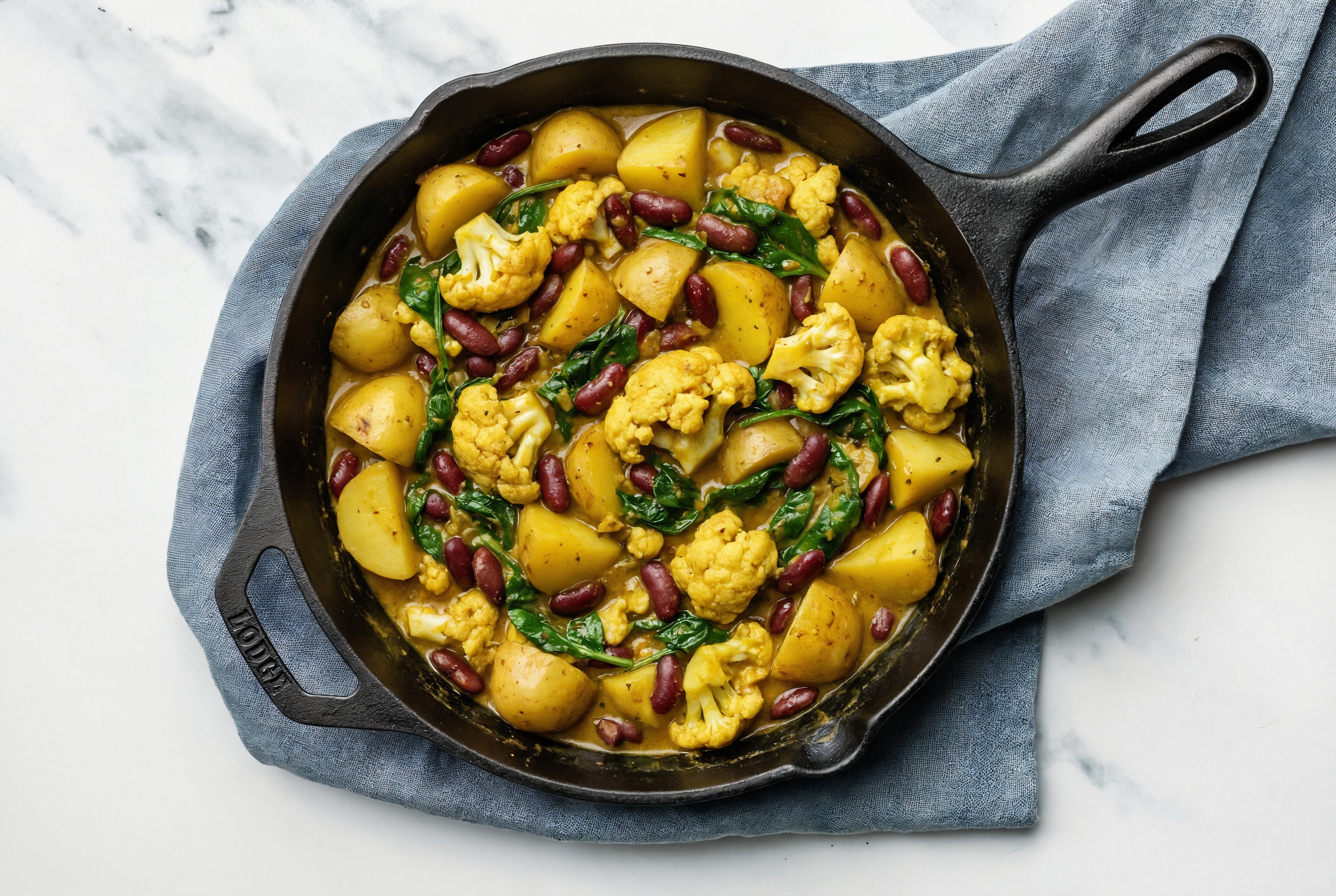 Kidney Beans, Cauli, Spinach Saute with Coconut Curry + Potatoes