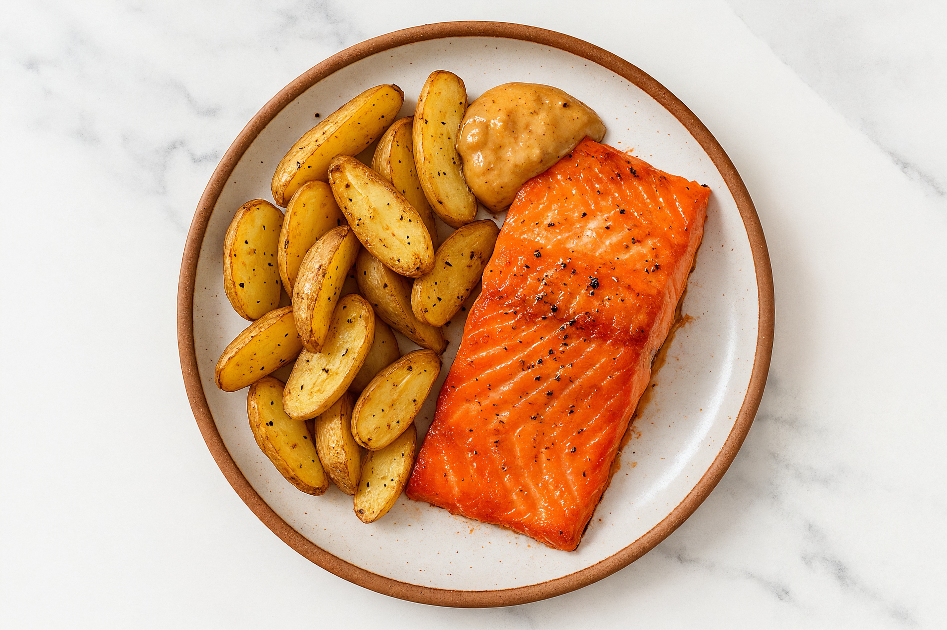 Smashed Crispy Fingerlings + Wild Salmon with Creamy Smokey Sauce