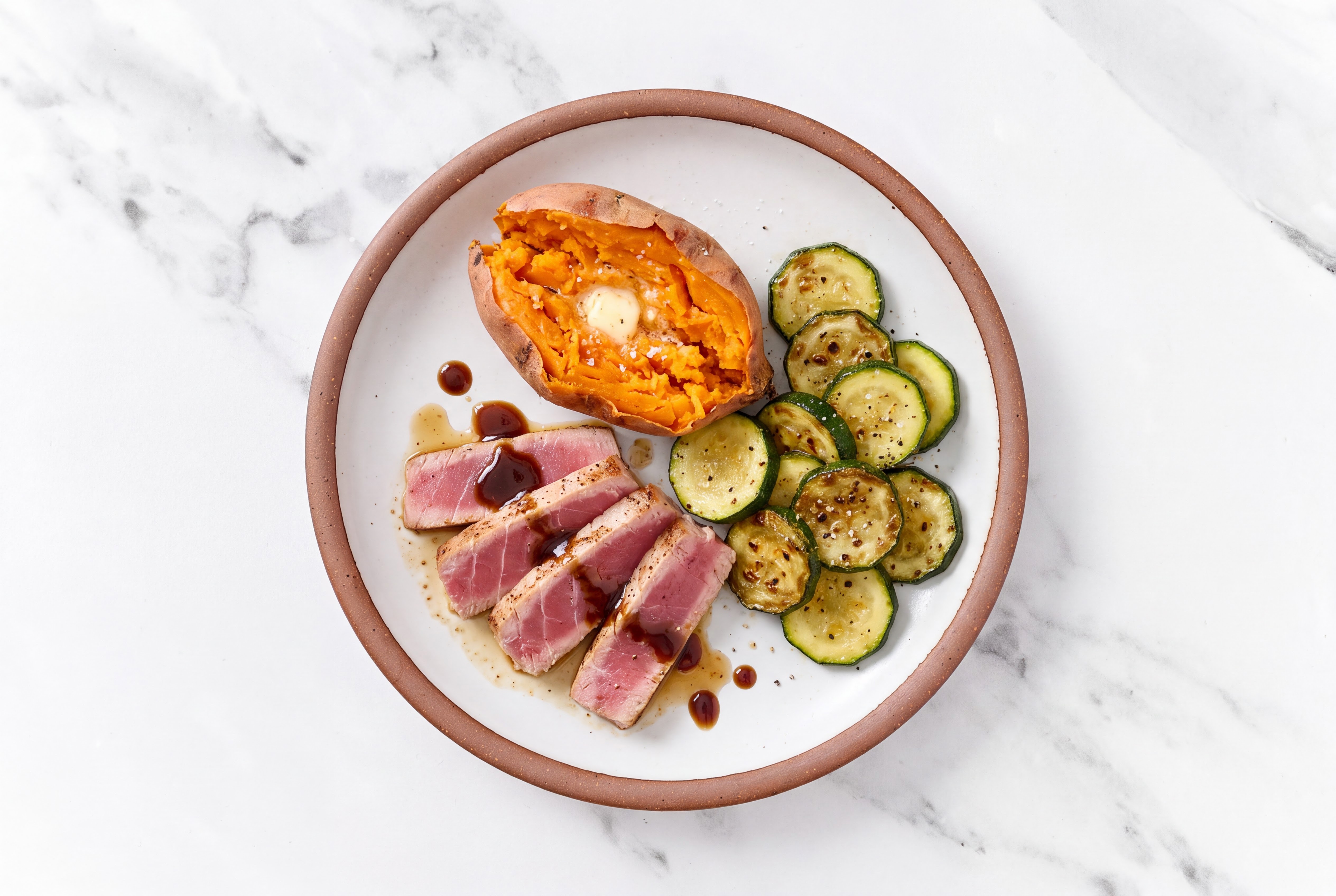 Balsamic Marinated Tuna with Zucchini + Sweet Potato