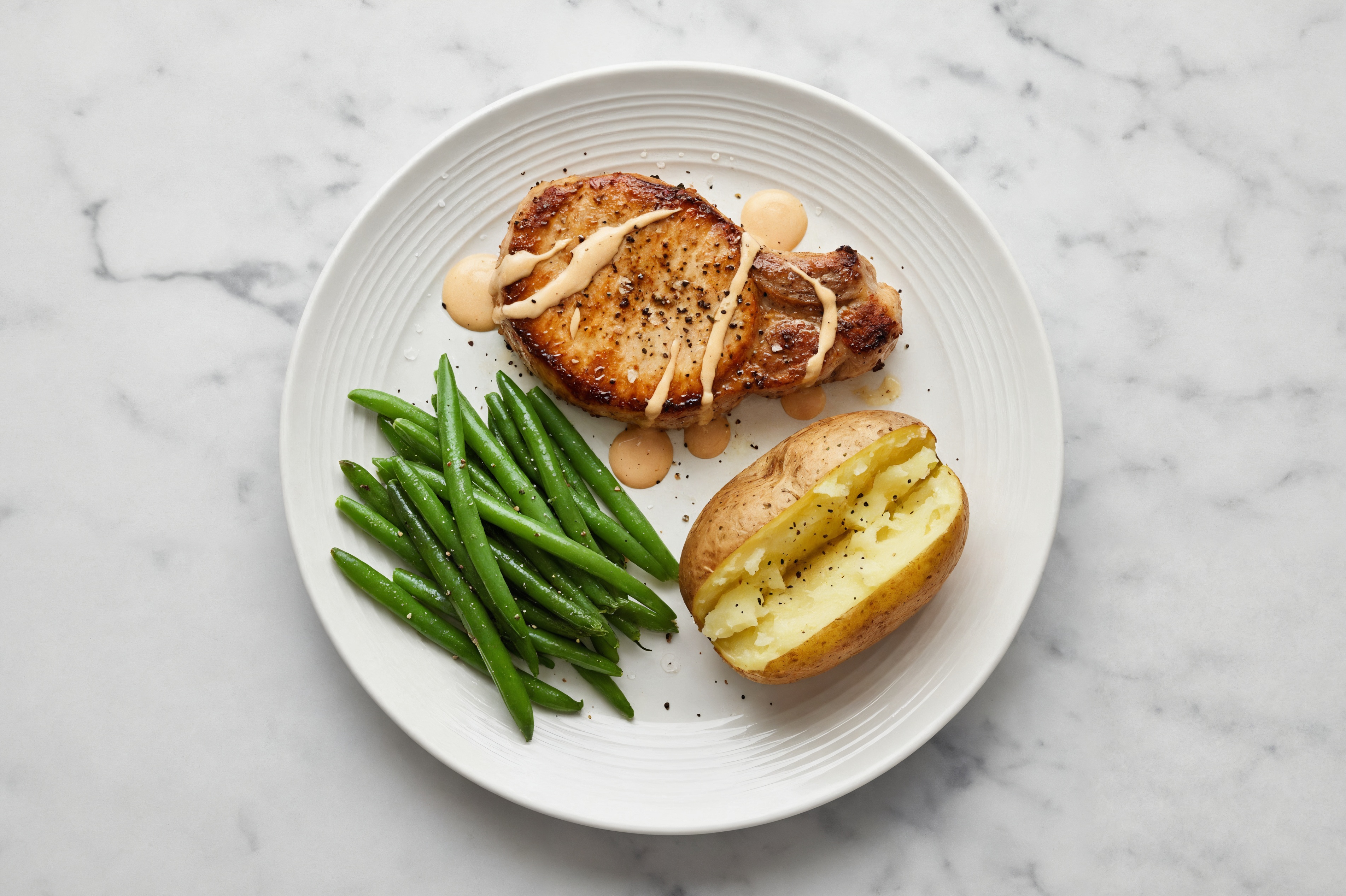 Balsamic Pork Chops with Green Beans + Roasted Microwave-Ready Russet Potato Potatoes