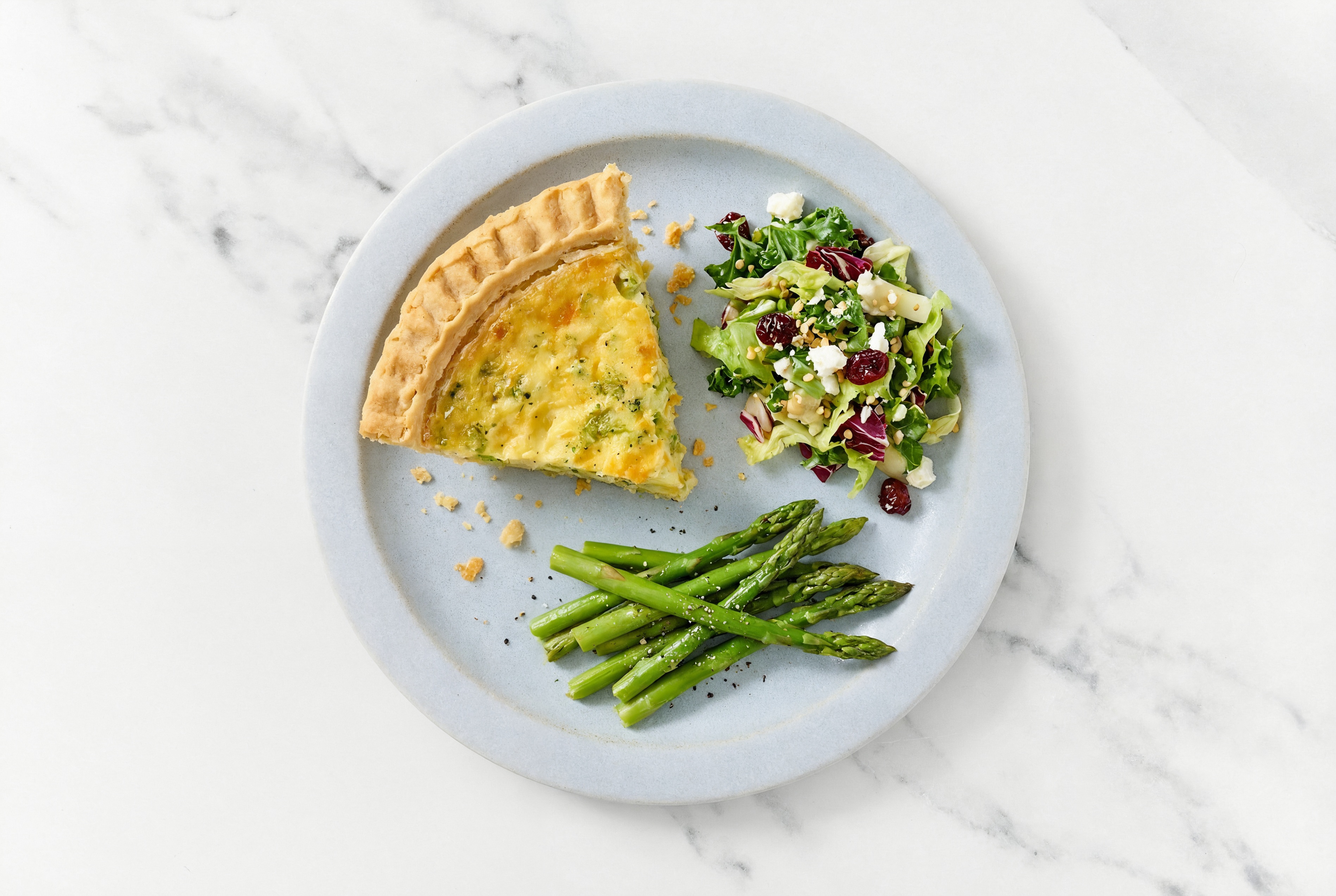 Broccoli & Cheddar Quiche with Asparagus & Honey Citrus Salad