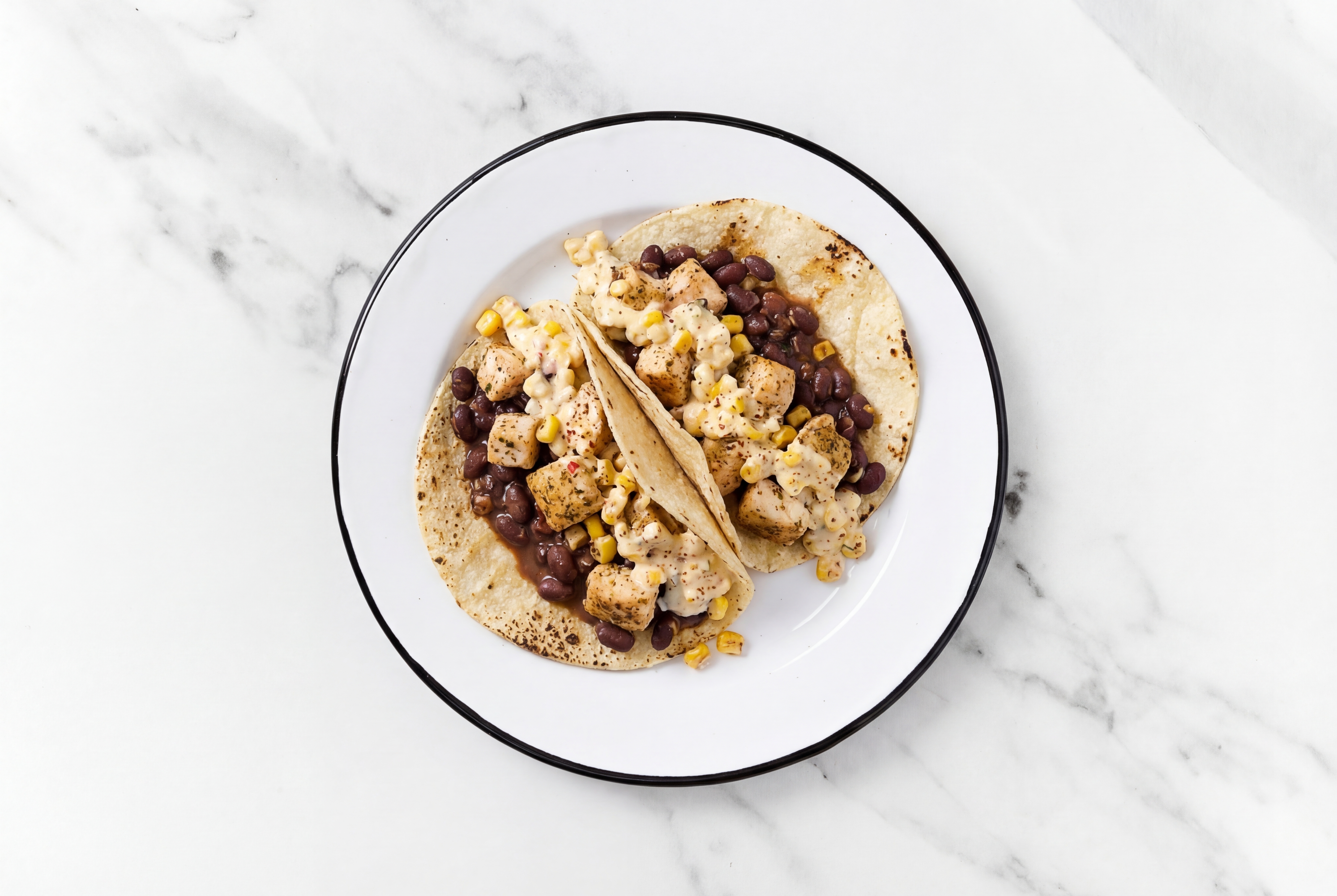 Garlic Chicken Tacos with Street White Corn Tortillas Sauce & Spiced Beans