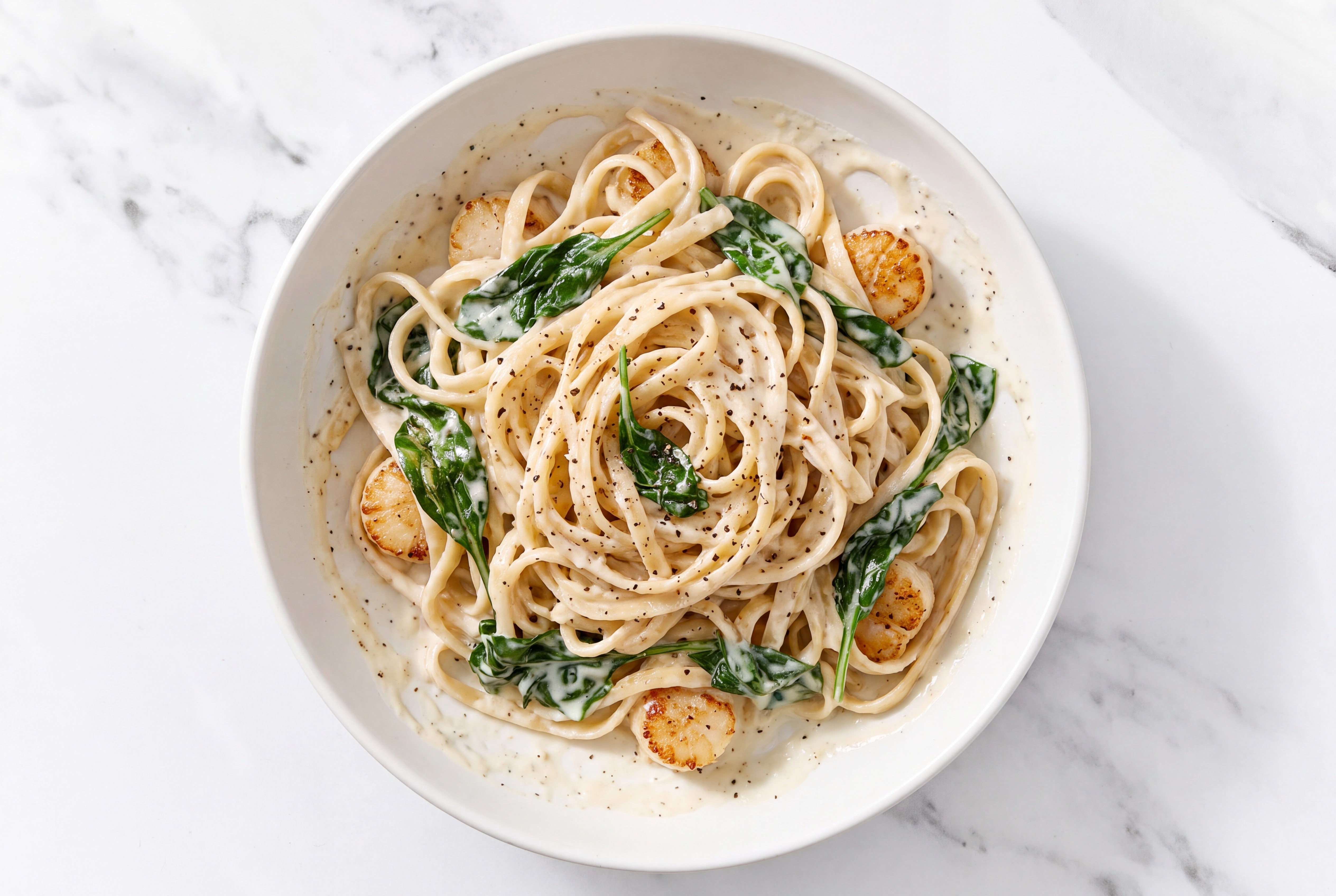Creamy Jumbo Scallops Alfredo with Baby Spinach