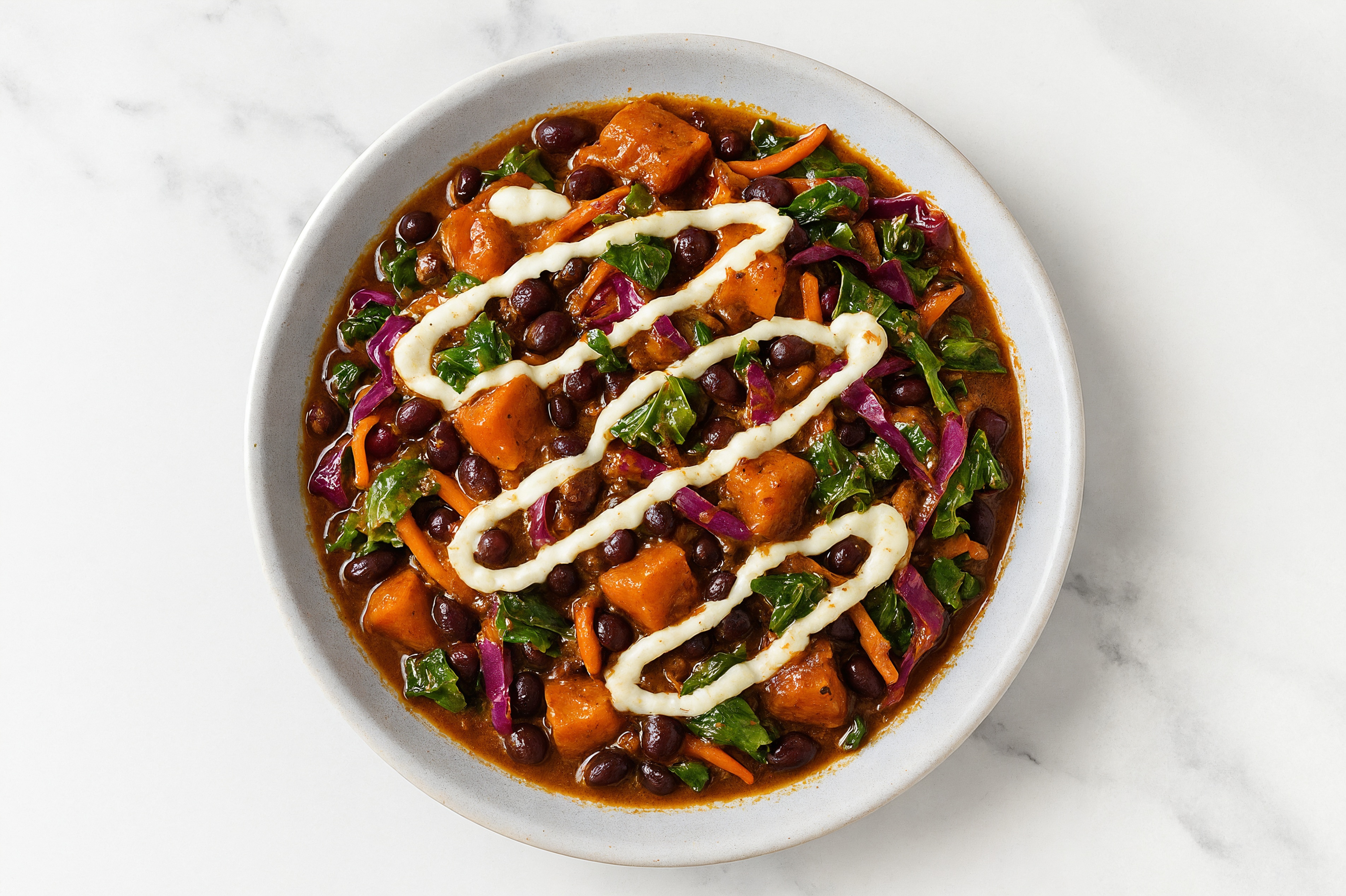 Sweet Potato Black Bean Vindaloo + Garlic Rainbow Veggies