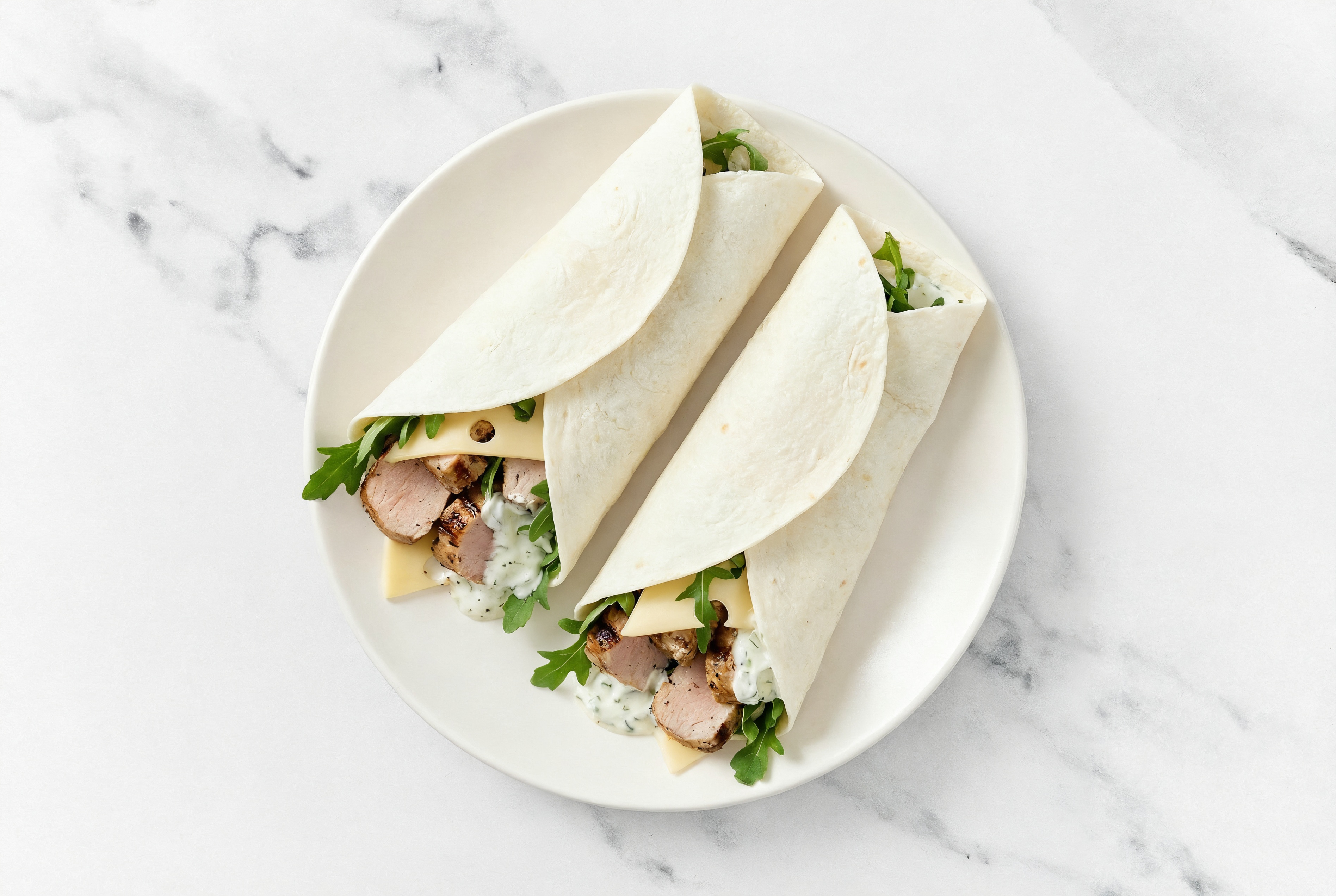 Tzatziki Pork Tenderloin + Swiss Wraps with Arugula