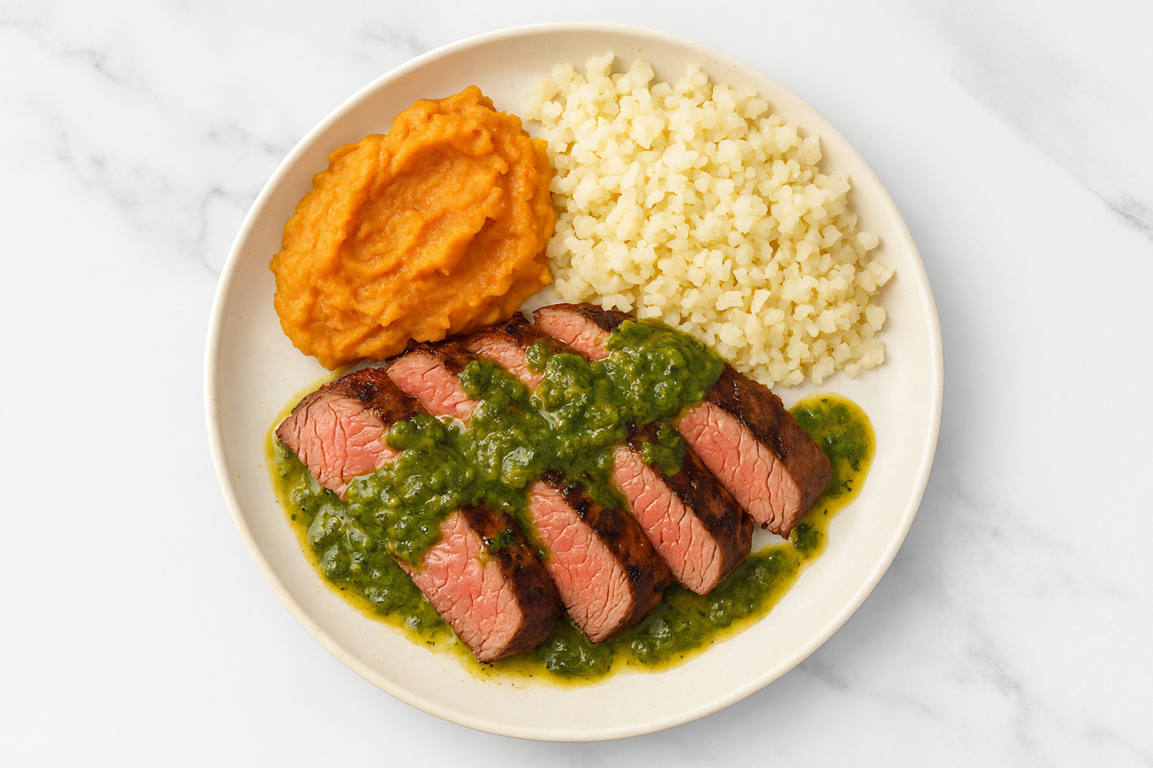 Chimichurri Sirloin with Cauliflower Rice + Sweet Potato