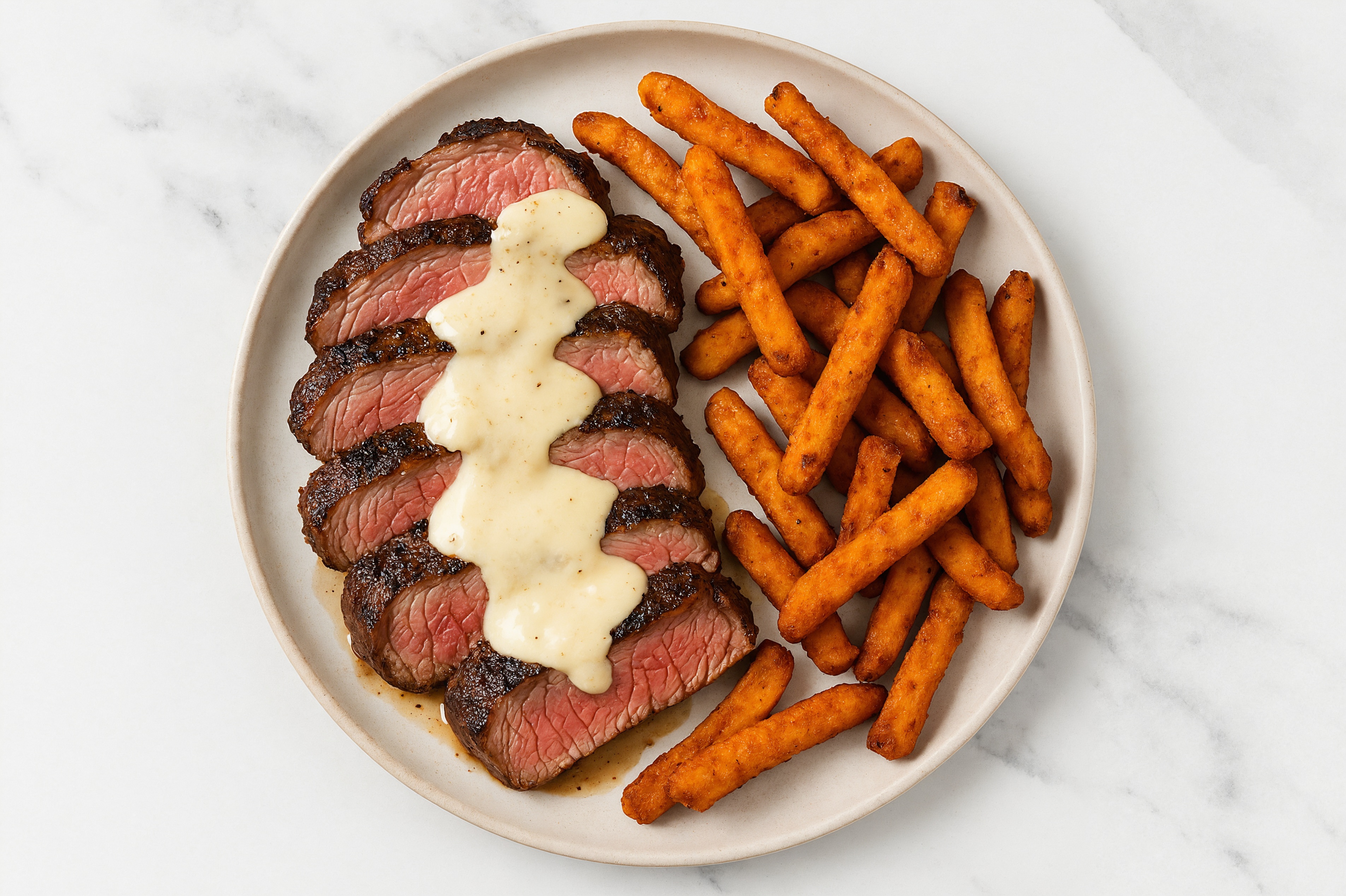 Ribeye with Garlic Sauce + Sweet Potato Fries