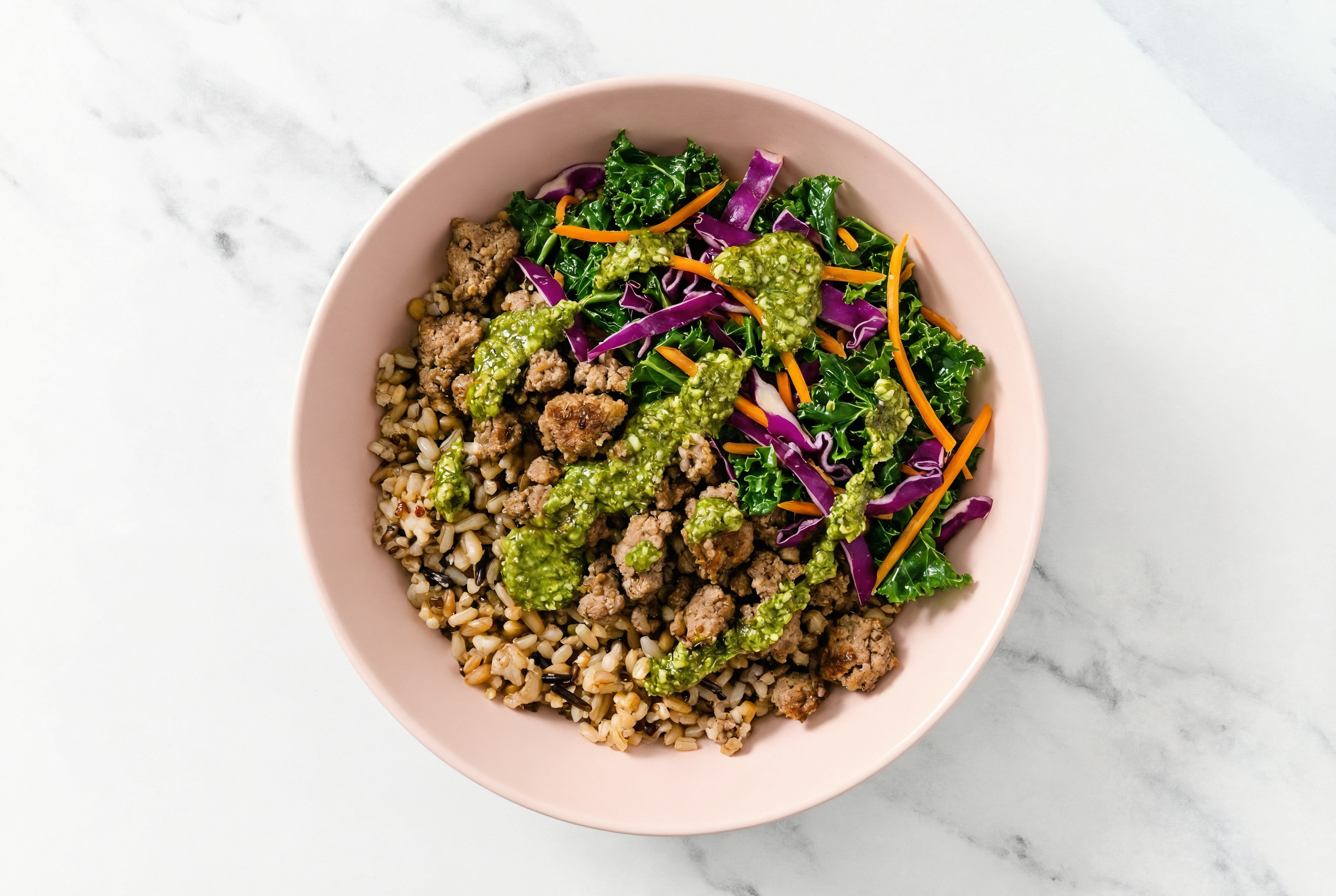 Ground Bison & Rainbow Veggie Grain Bowl with Basil Pesto