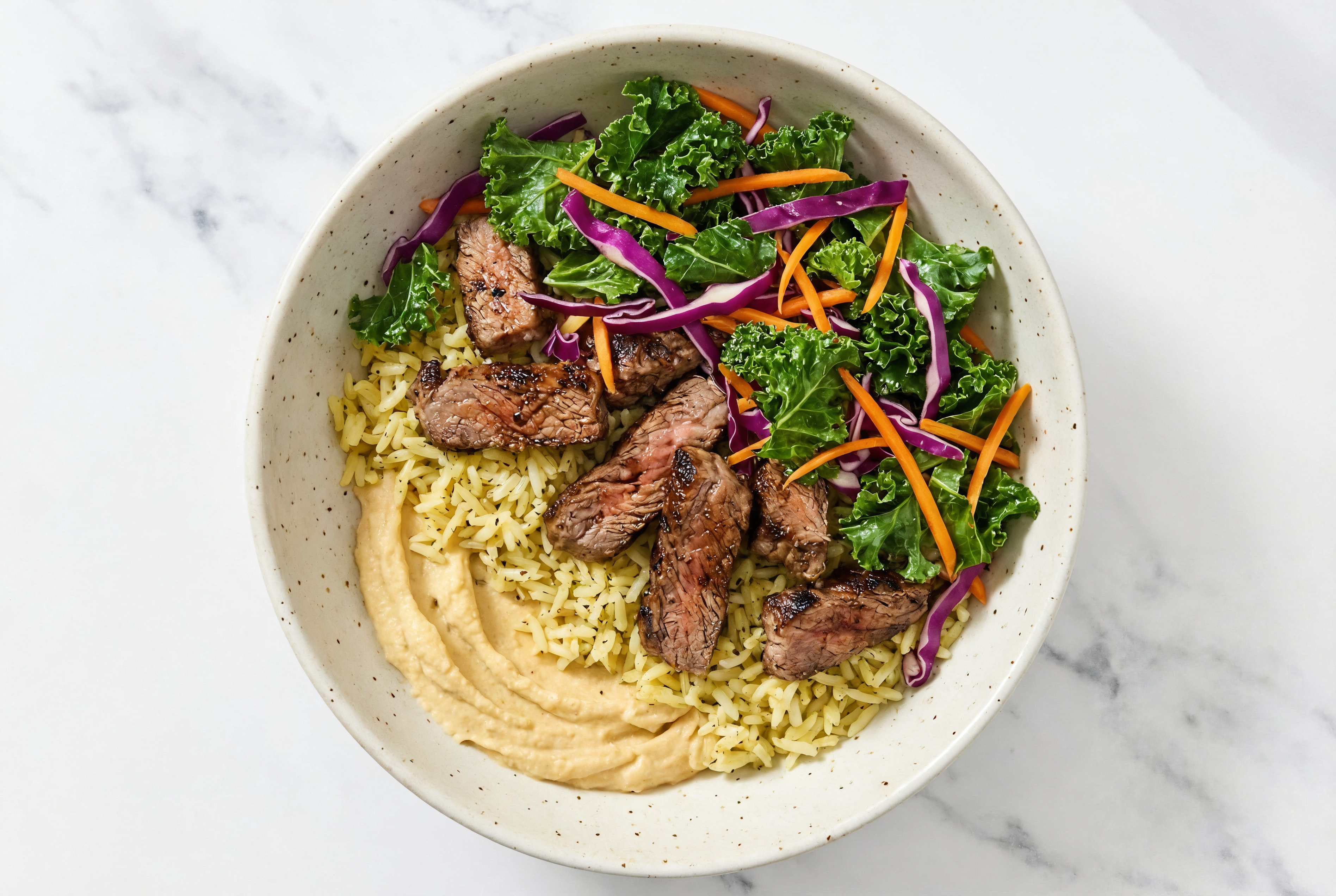 Sirloin Steak & Rainbow Veggie Grain Bowl with Onion Hummus