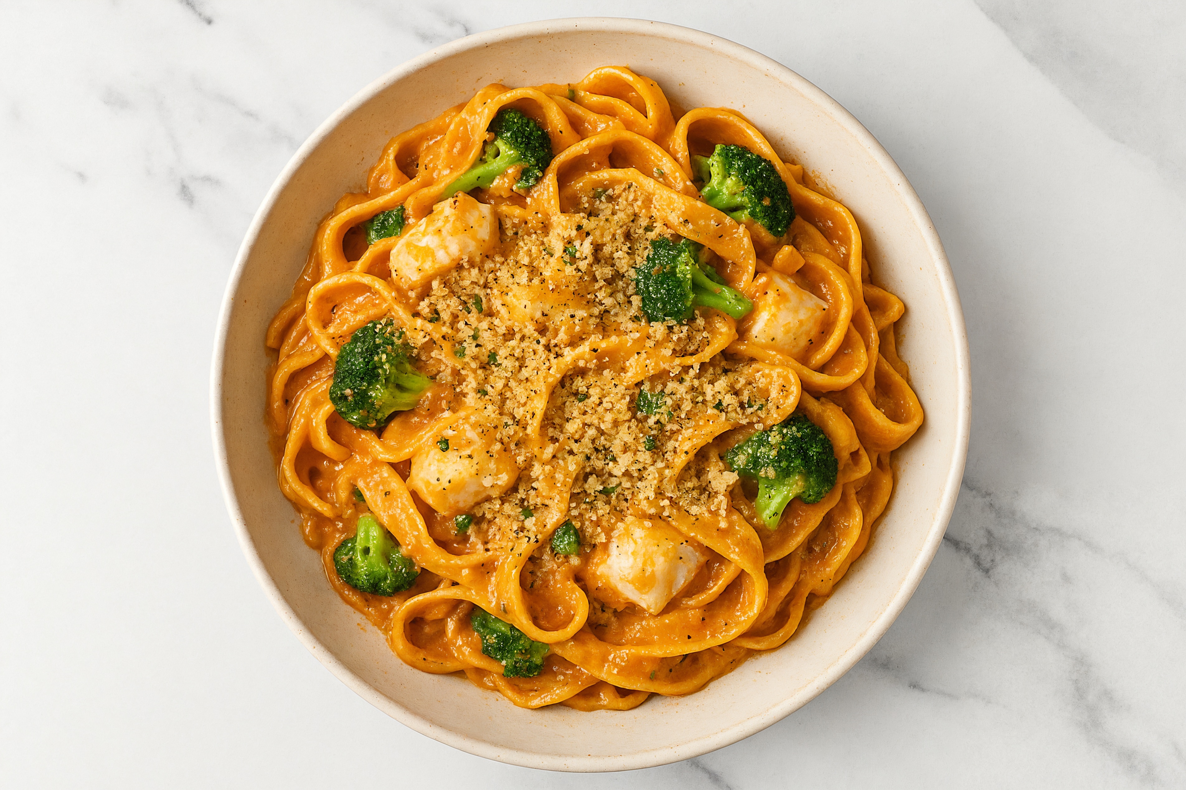 Creamy Cod Tagliatelle with Baby Broccoli + Toasted Panko