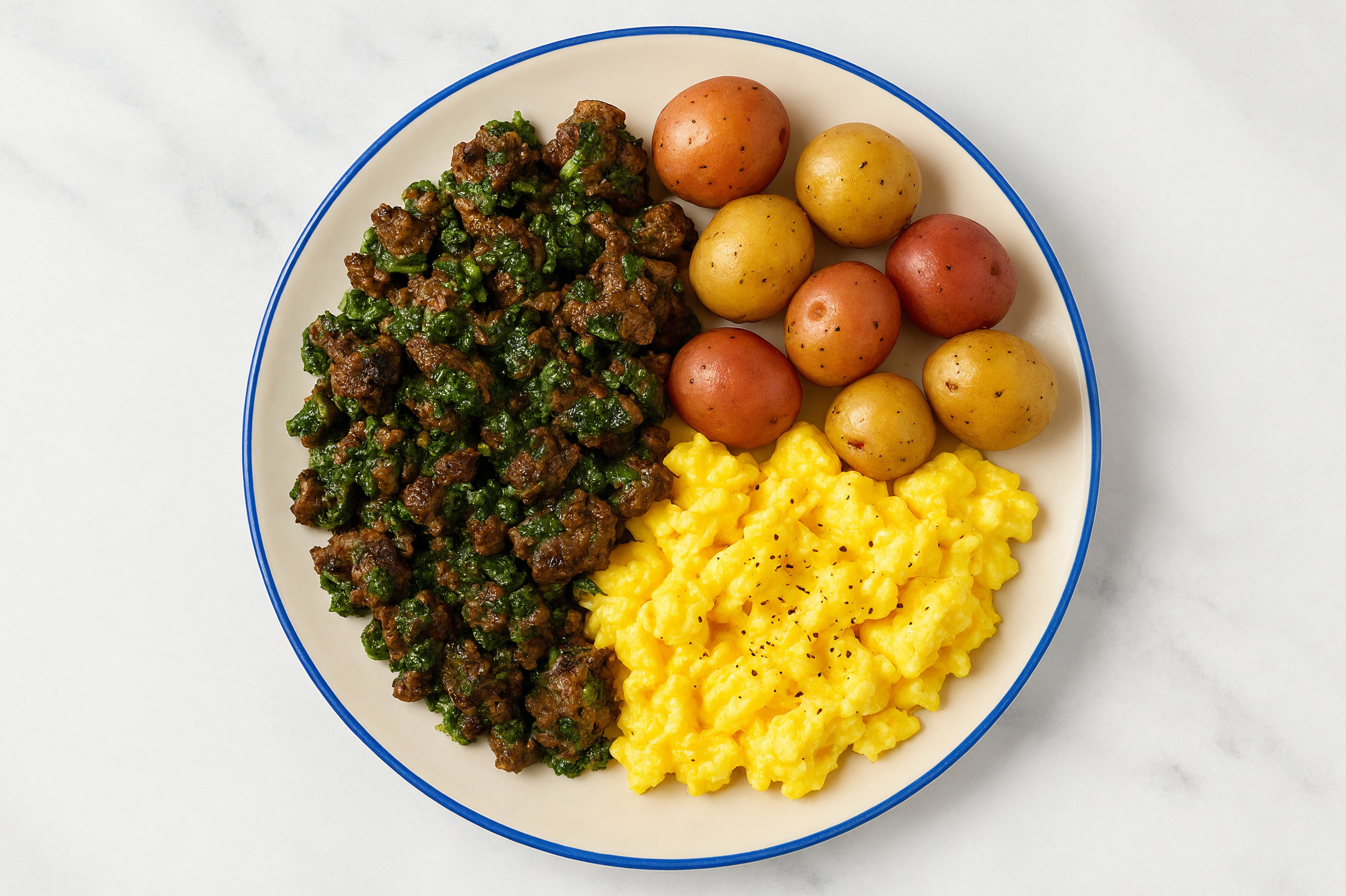 Eggs + Chimichurri Meatball Plate with Multicolor Potatoes