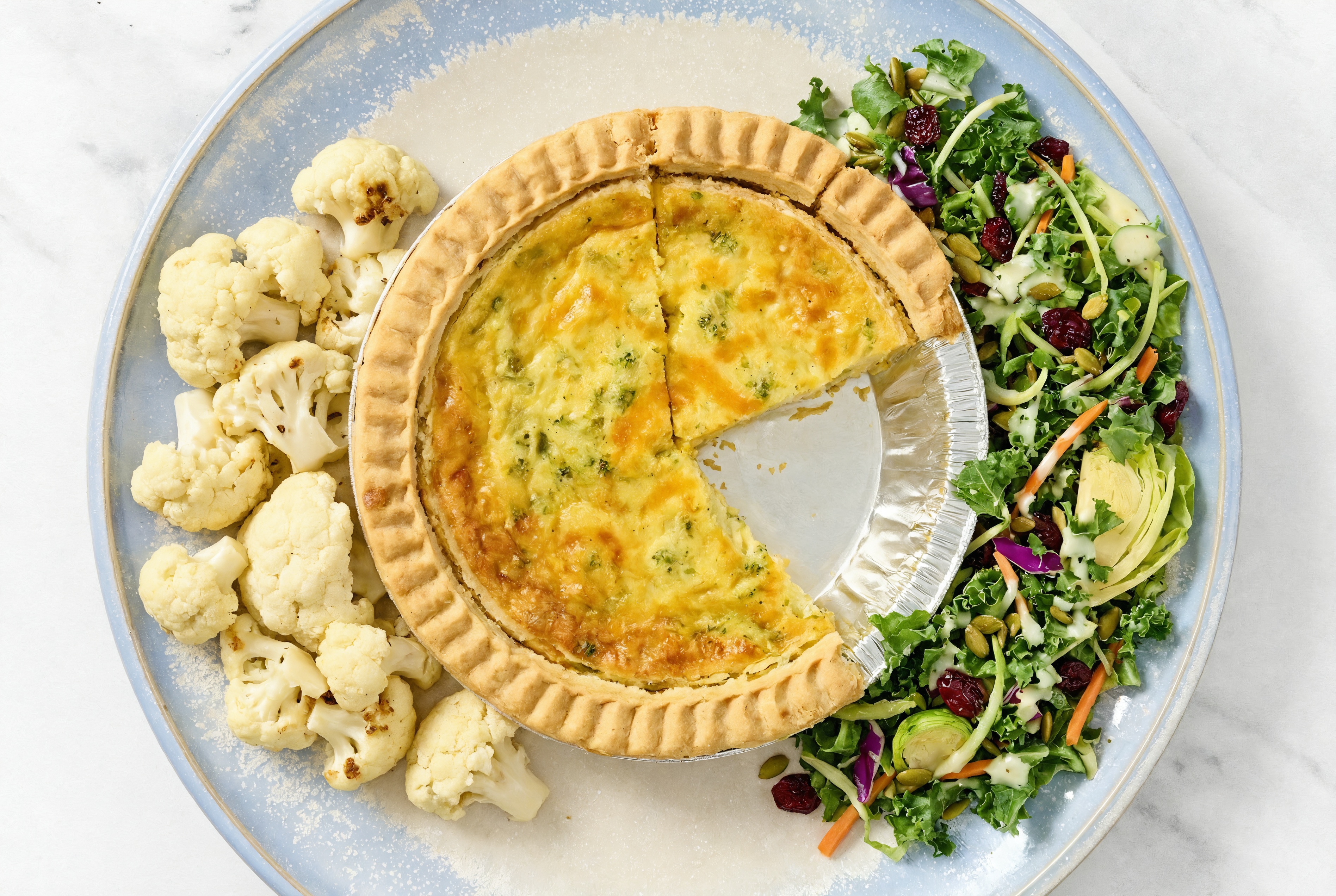Broccoli & Cheddar Quiche with Cauliflower Florets & Kale Salad