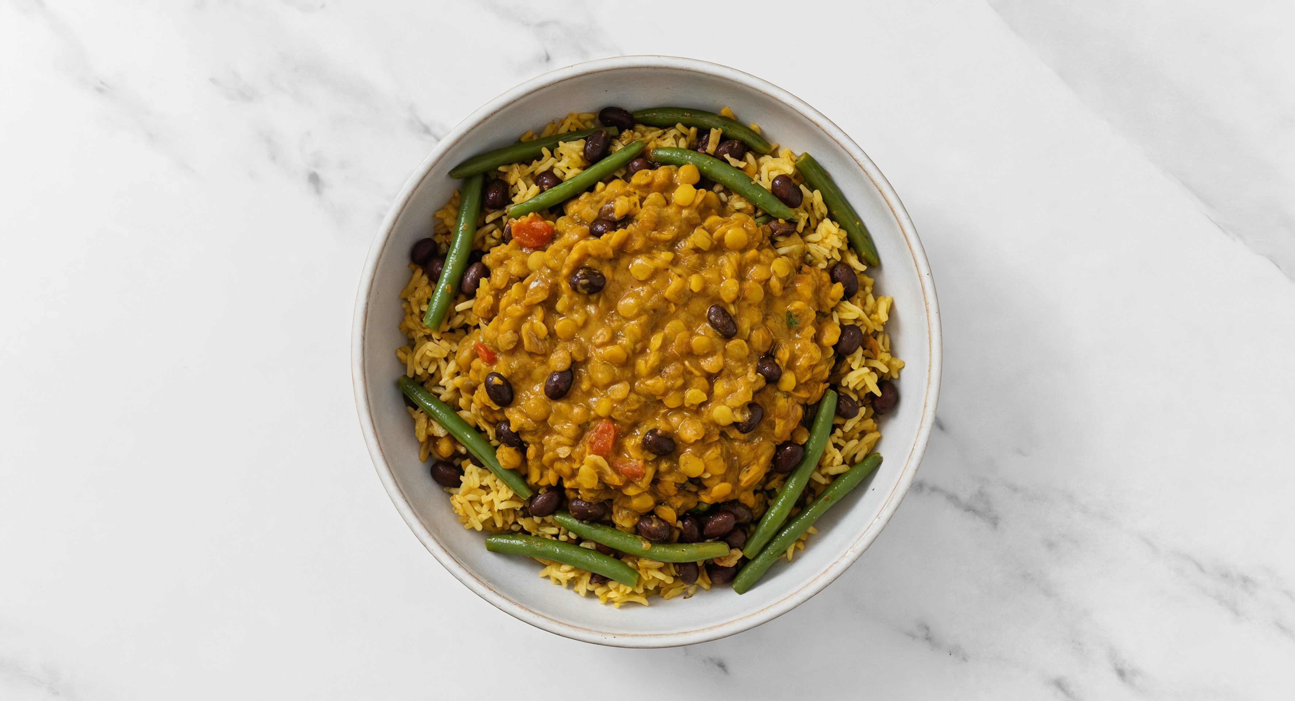 Yellow Lentil Dal + Organic Green Bean Grain Bowl with Seasoned White Rice + Black Beans