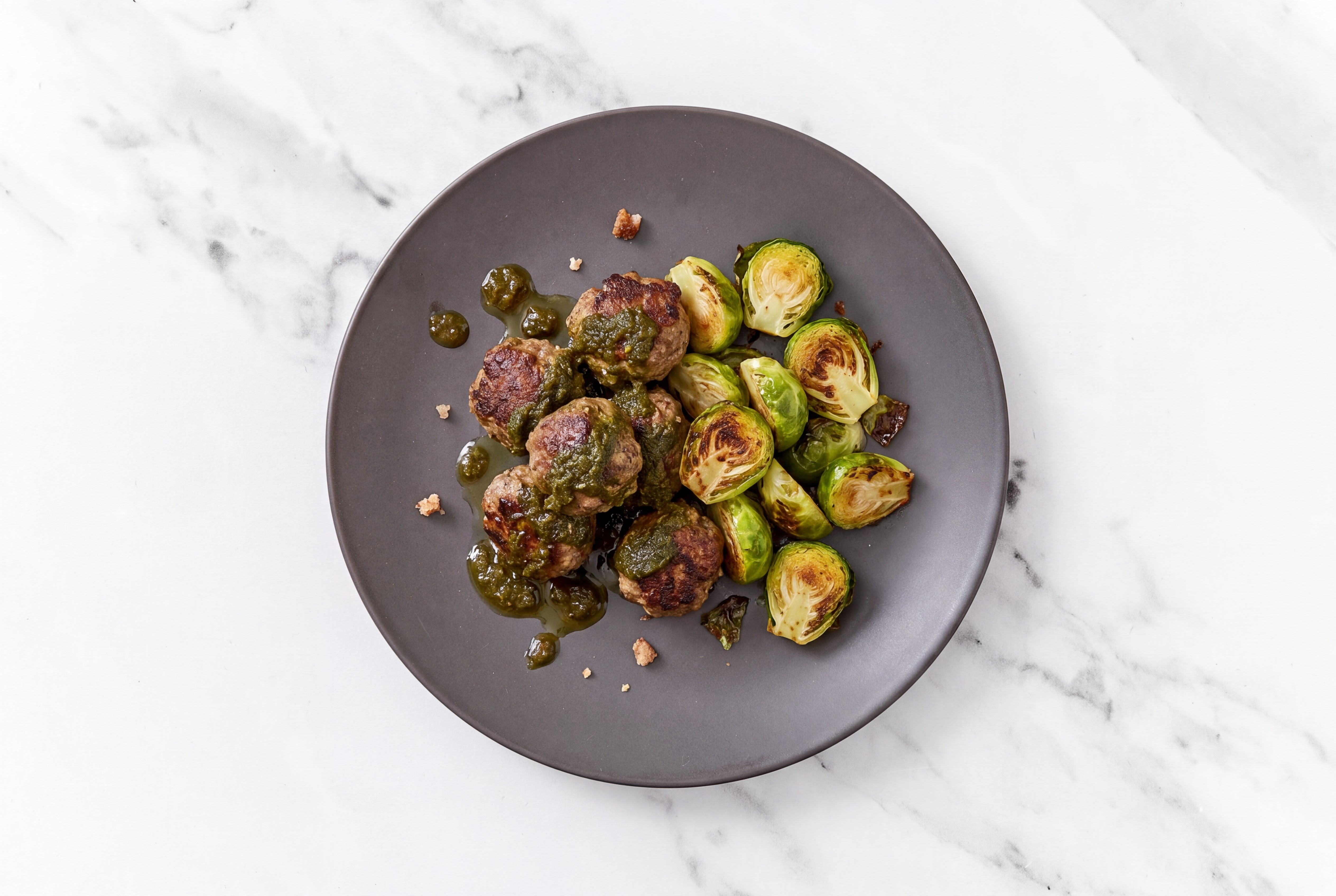 Zhoug Baked Lamb Meatballs & Brussels Sprouts