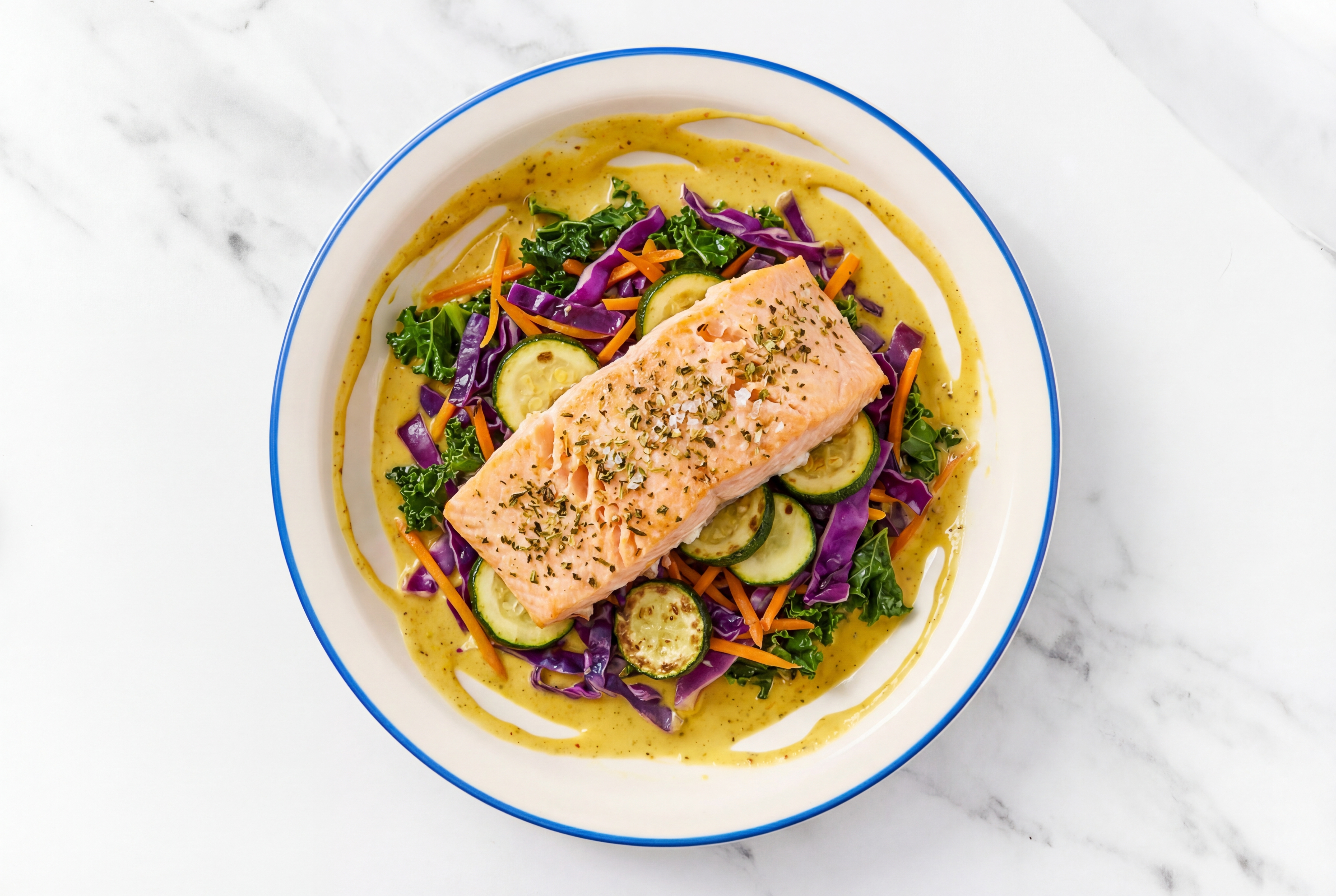 Herby Rainbow Salmon Curry Bowl with Zucchini