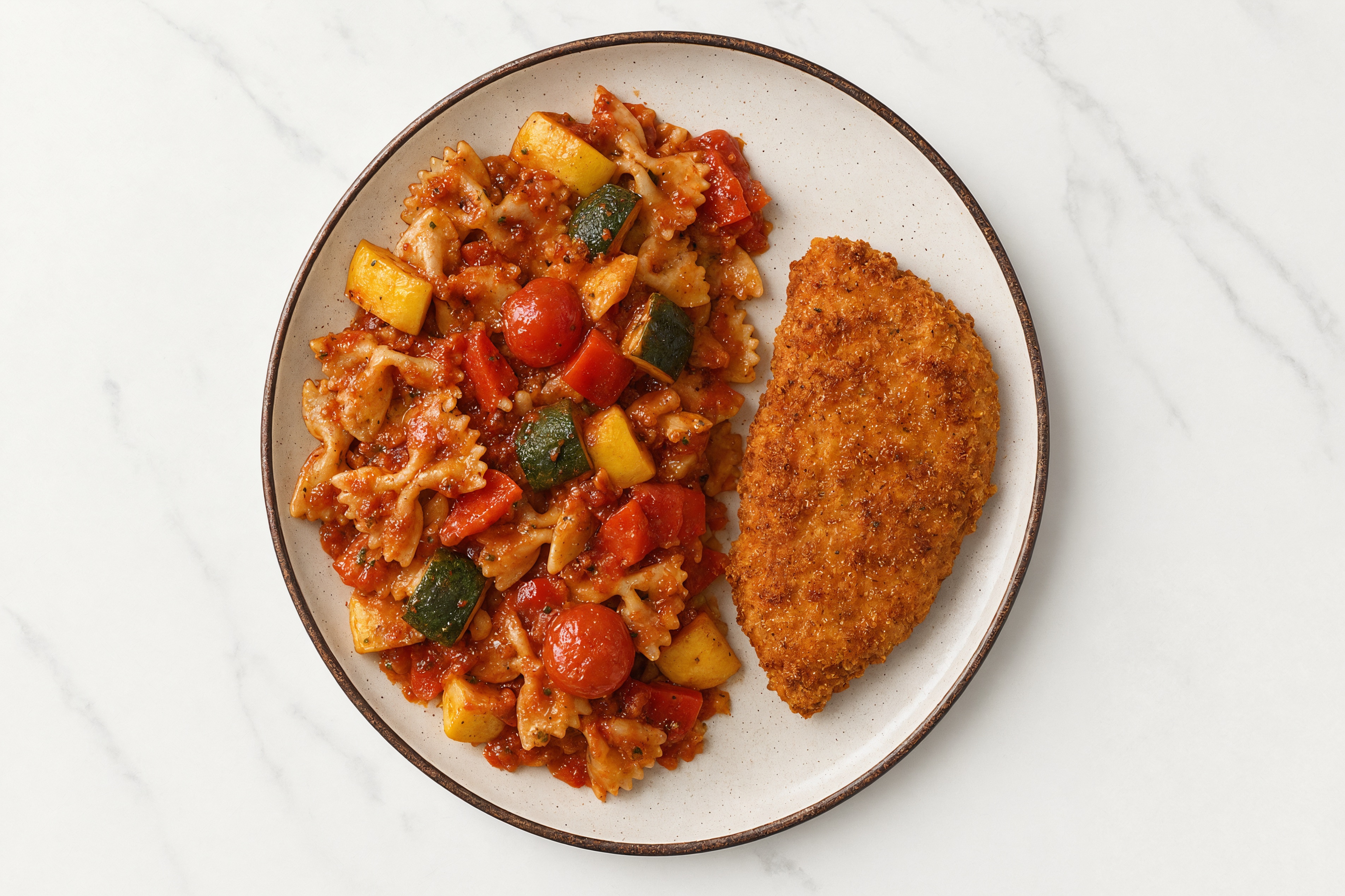 Crispy Hot Honey Chicken over Marinara Farfalle with Mixed Veggies