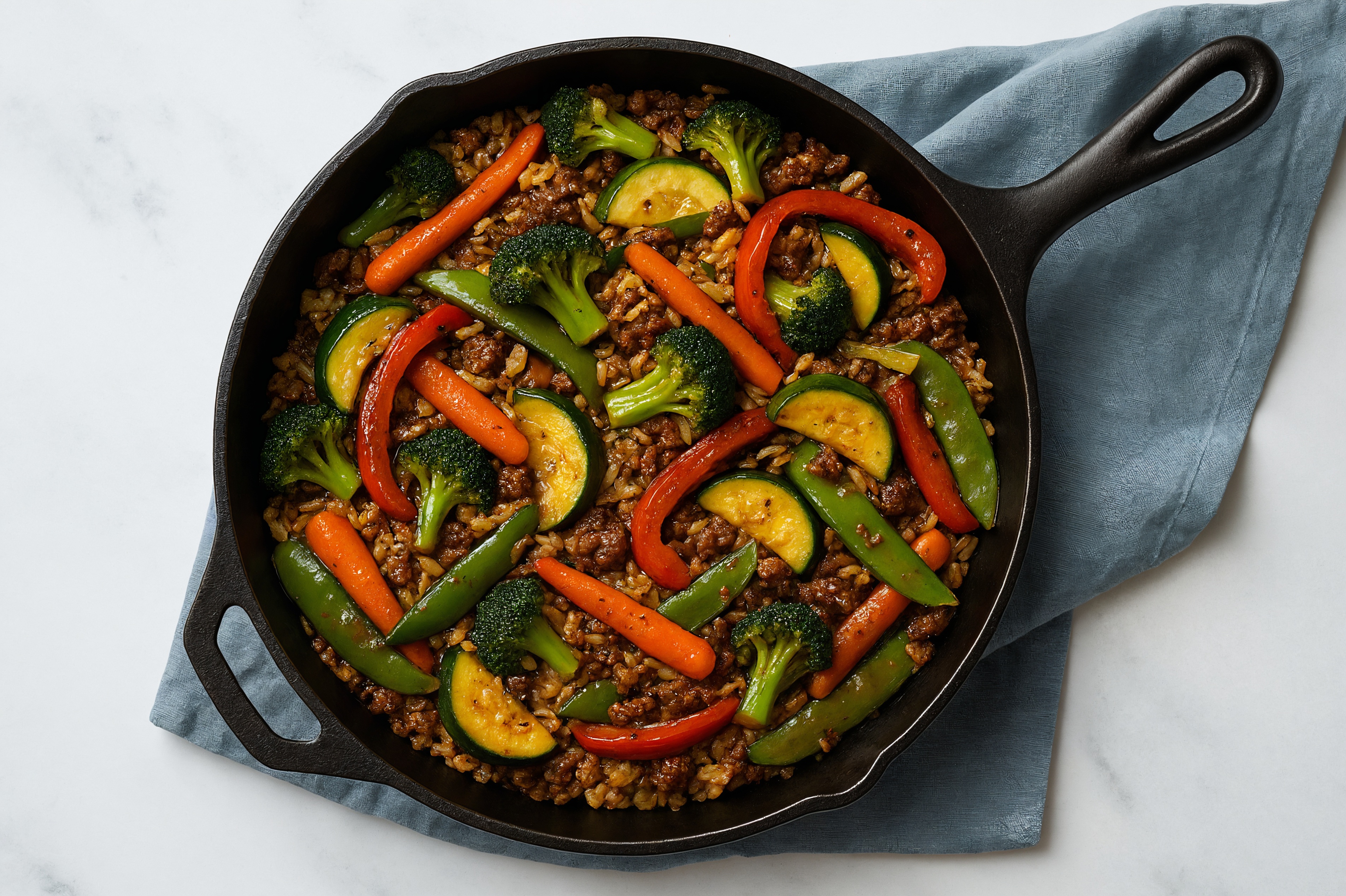 Japanese Bbq Veggie + Ground Bison Stir-Fry with Seasoned Jasmine Rice