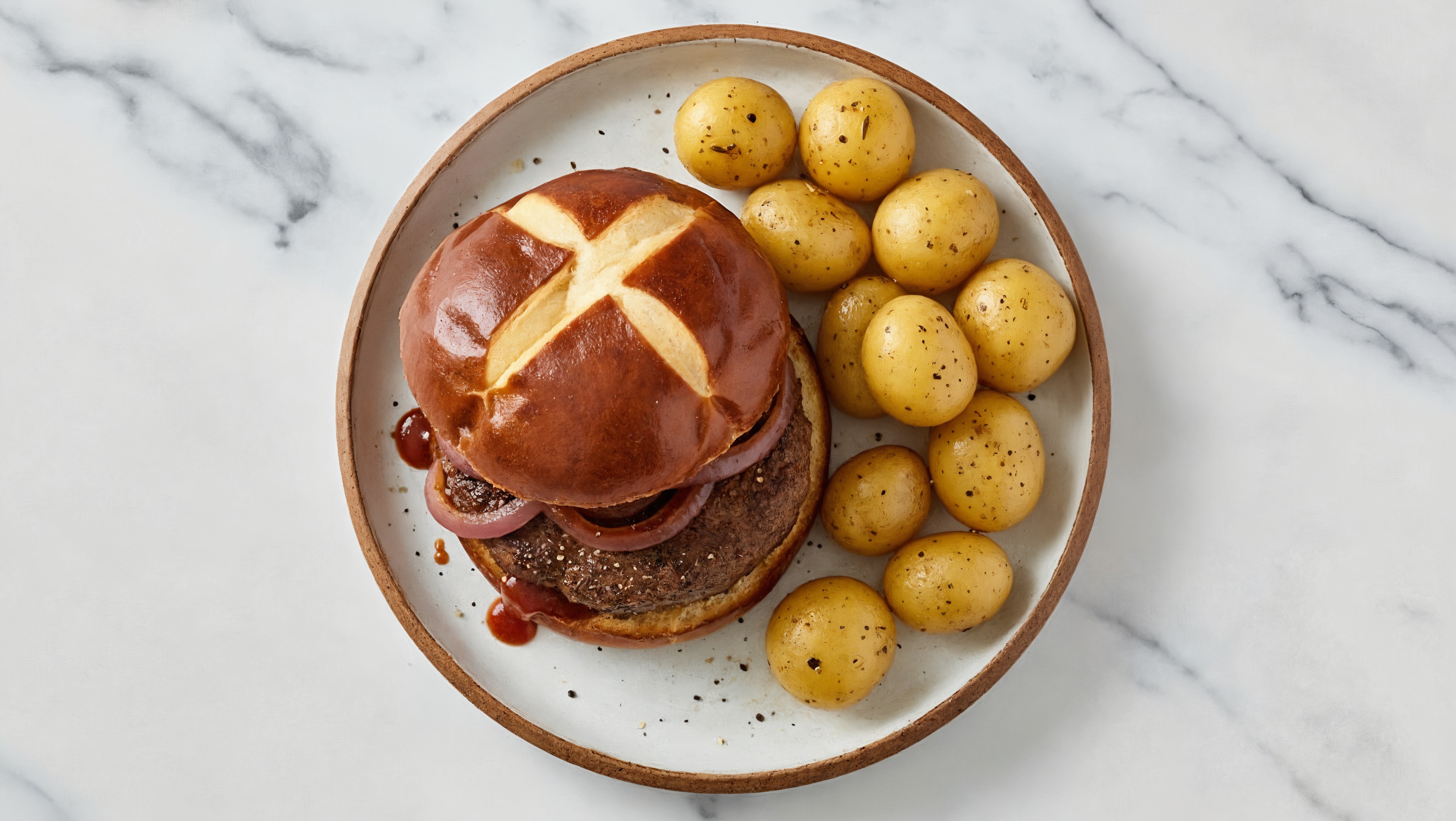 Smoky Caramelized Onion Burger + Yellow Potatoes