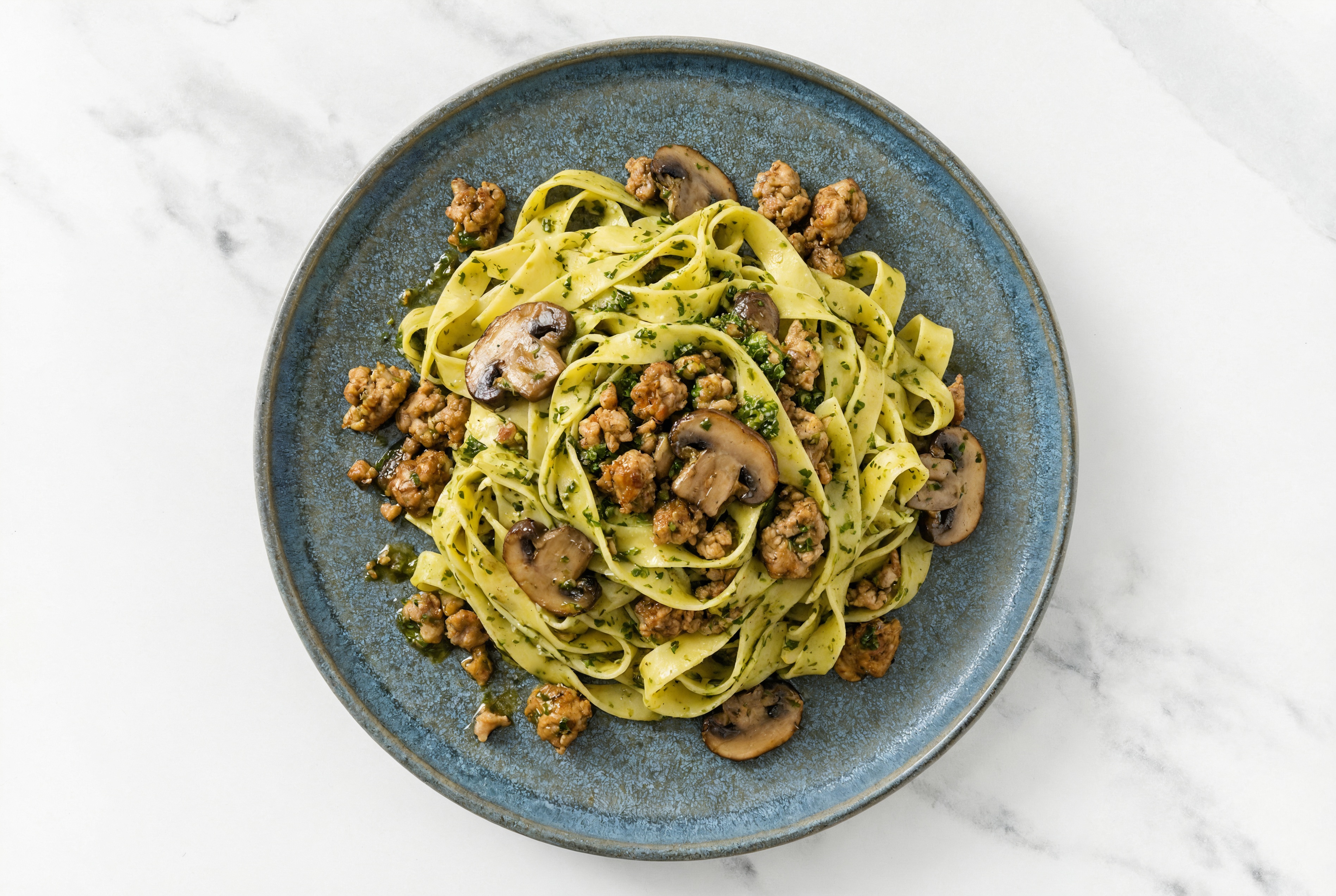 Tagliatelle Kale Pesto with Ground Turkey & Mushrooms