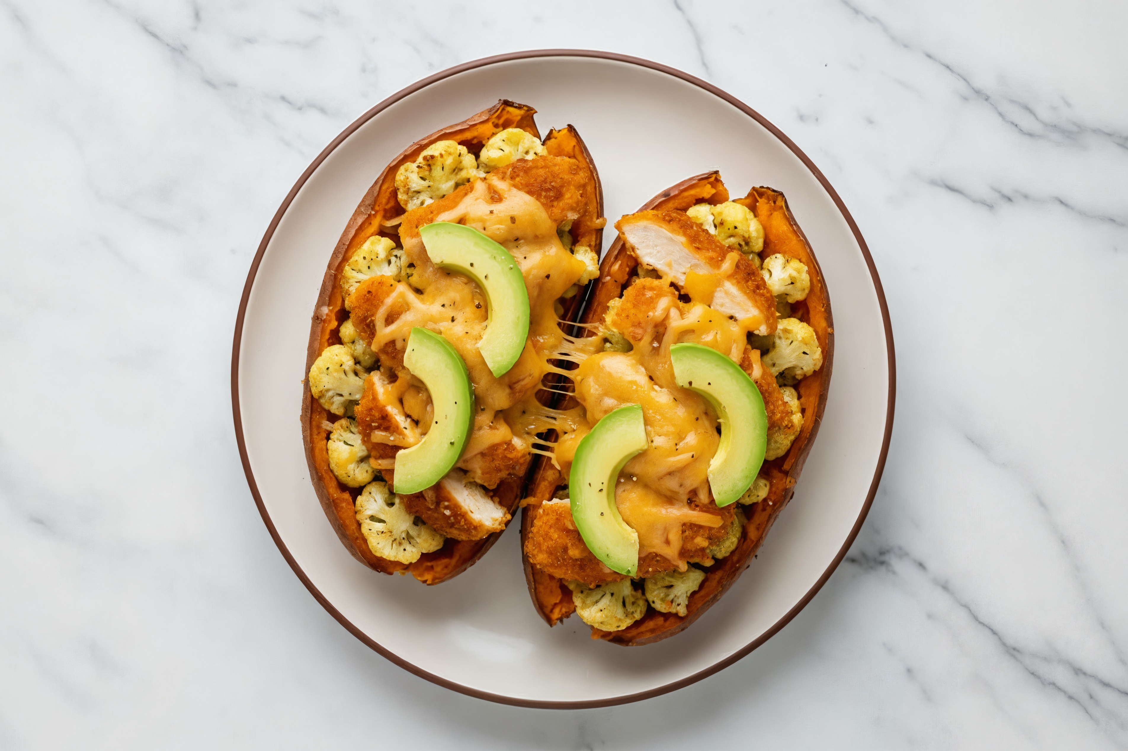 Sweet Potato Stuffed with Cauli + Cheesy Avocado Chick'n