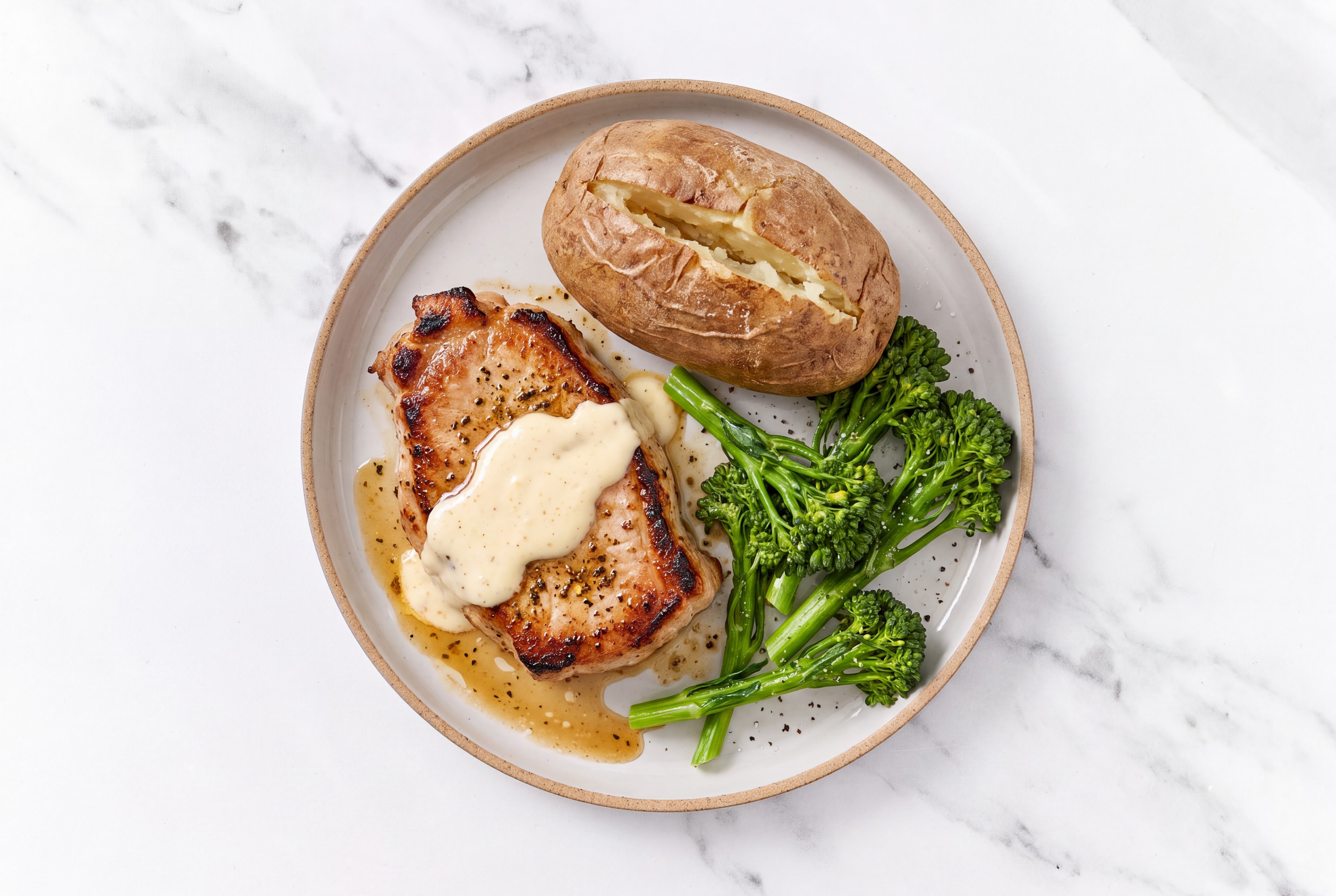 Pork Chops with Horseradish, Baby Broccoli + Potatoes