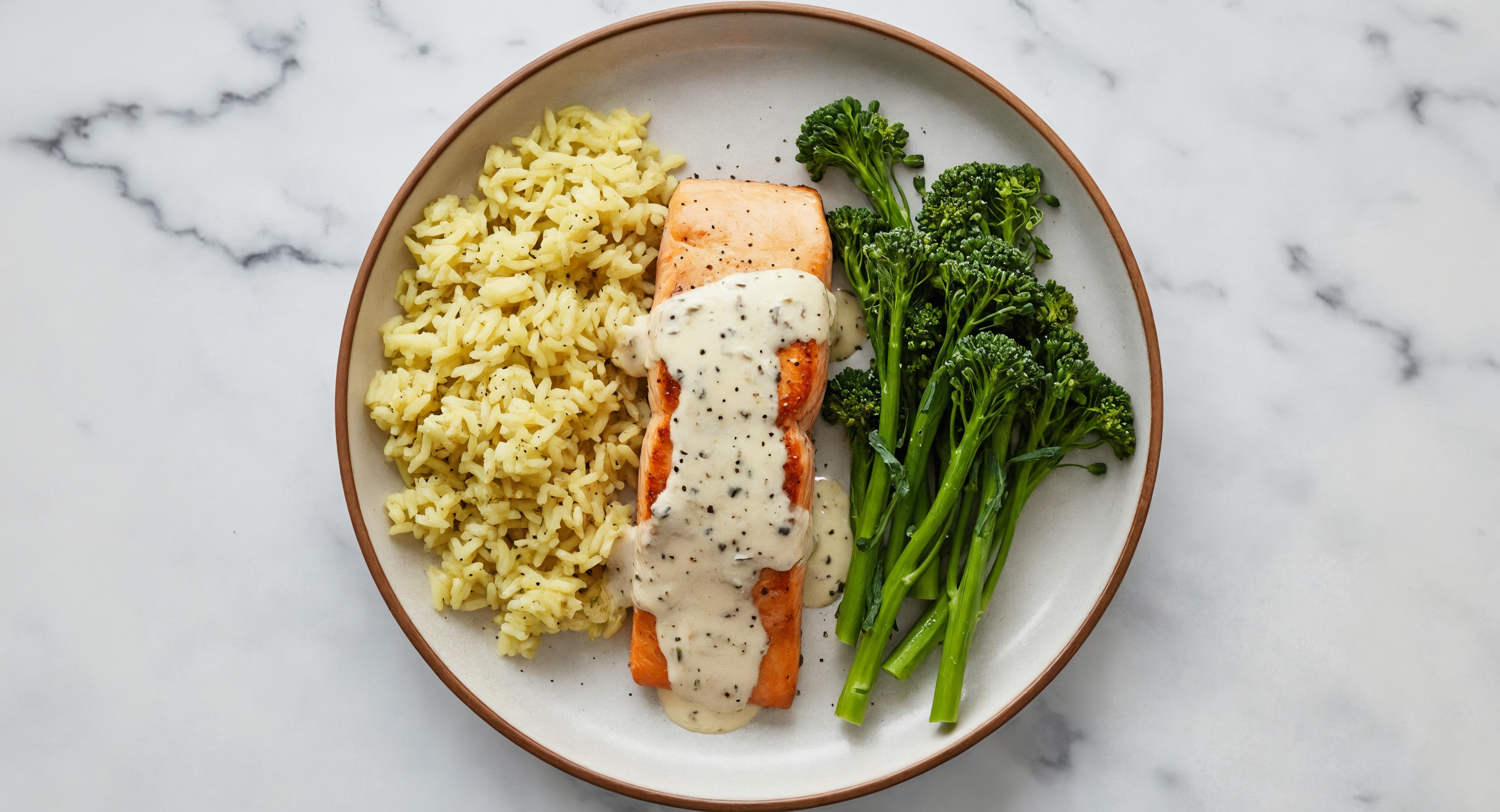Creamy Alfredo Salmon + Baby Broccoli with Seasoned Jasmine Rice