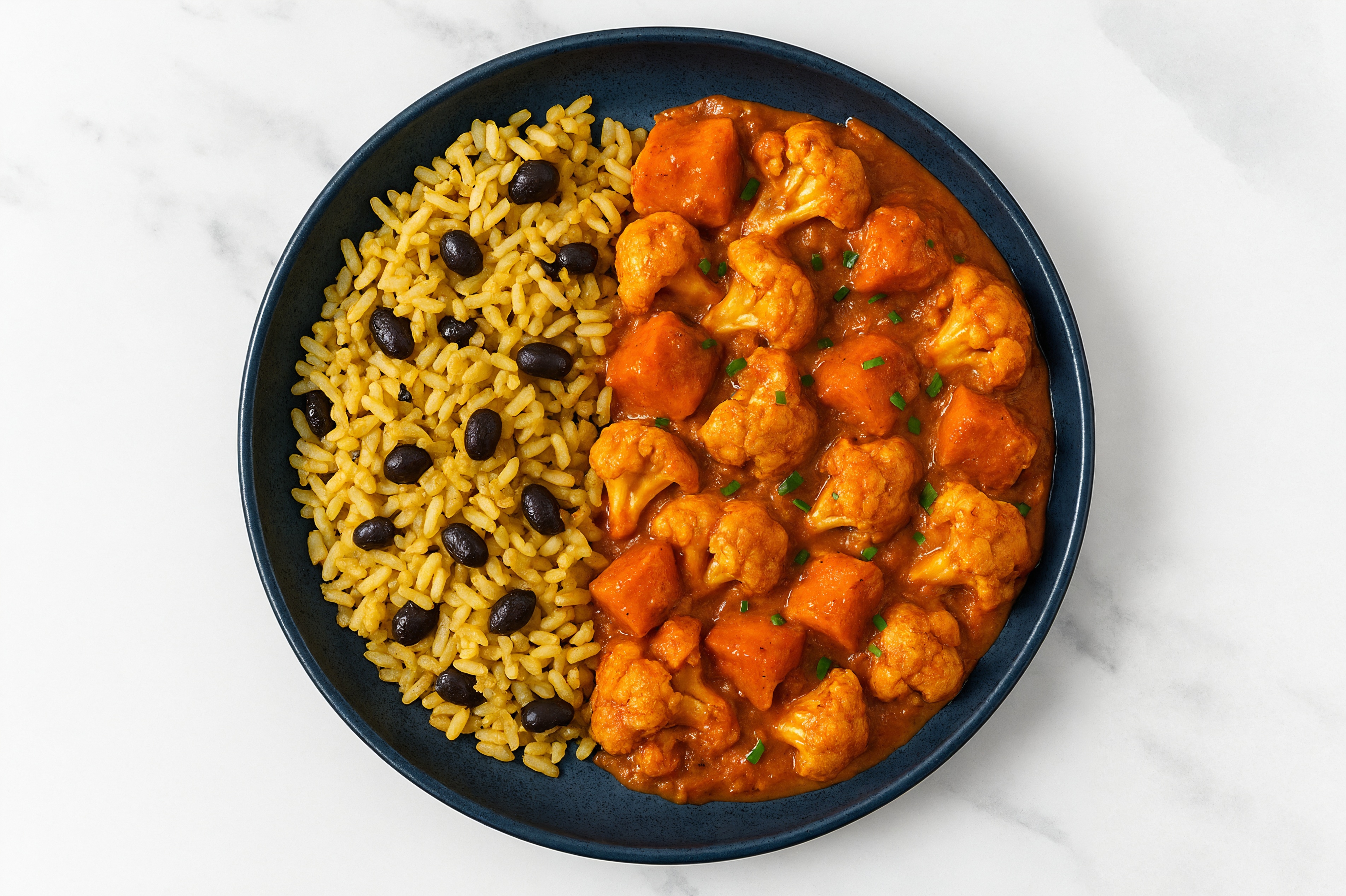 Sweet Potato Tikka Aloo Gobi with Seasoned White Rice + Black Beans