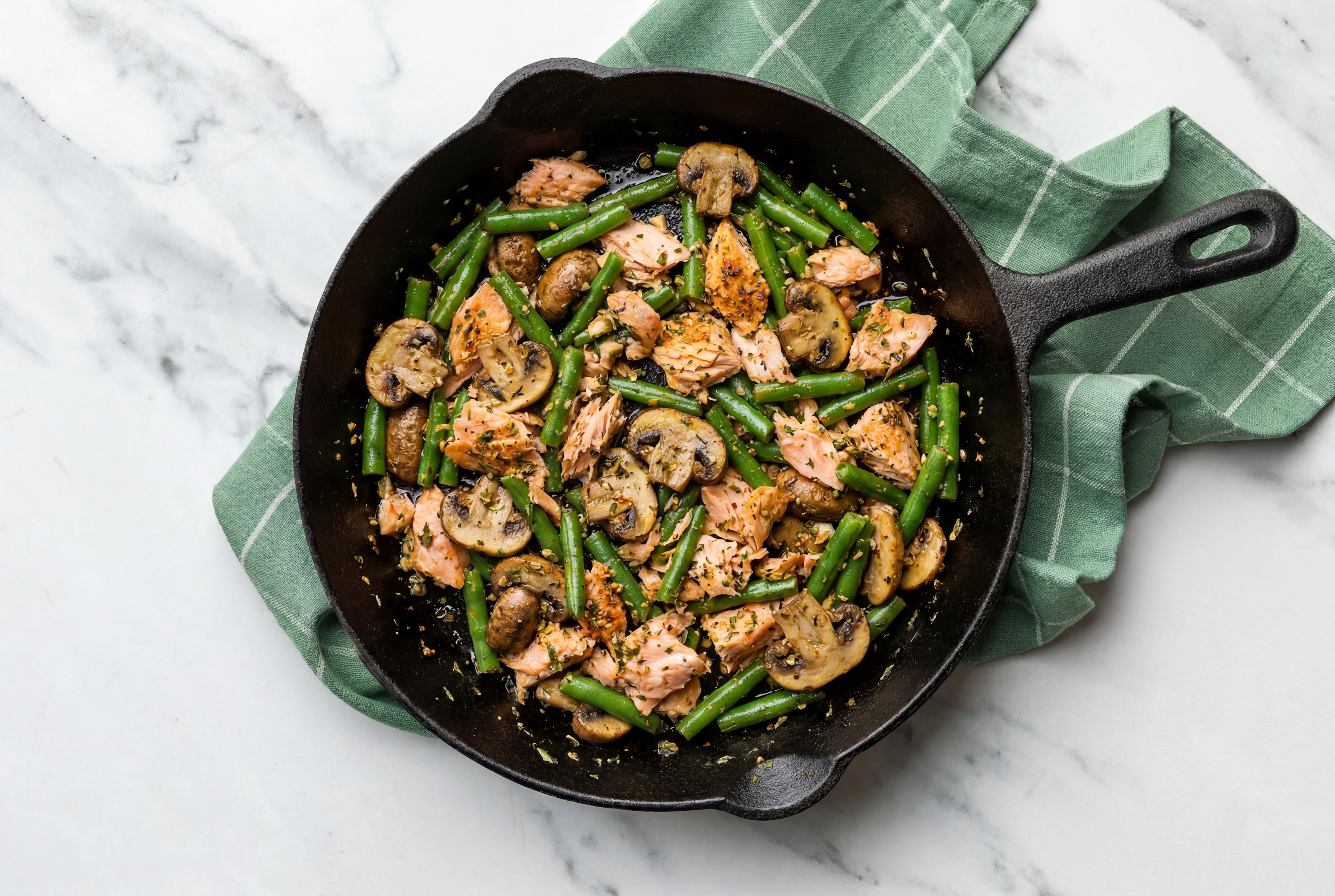Salmon Breast, Green Bean + Mushroom Skillet