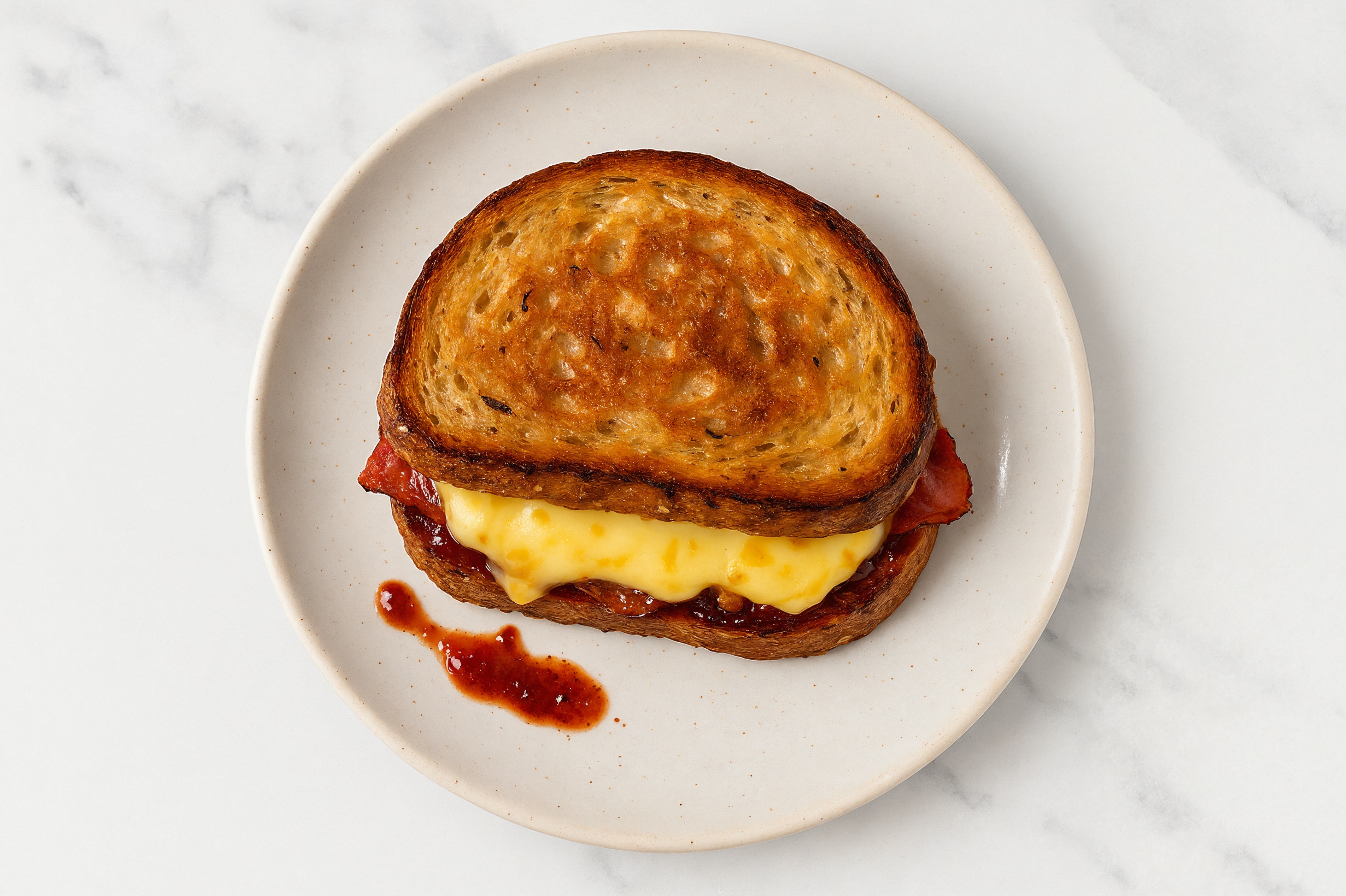 Turkey Bacon, Gouda + Strawberry Jam Multgrain Sourdough Grilled Cheese