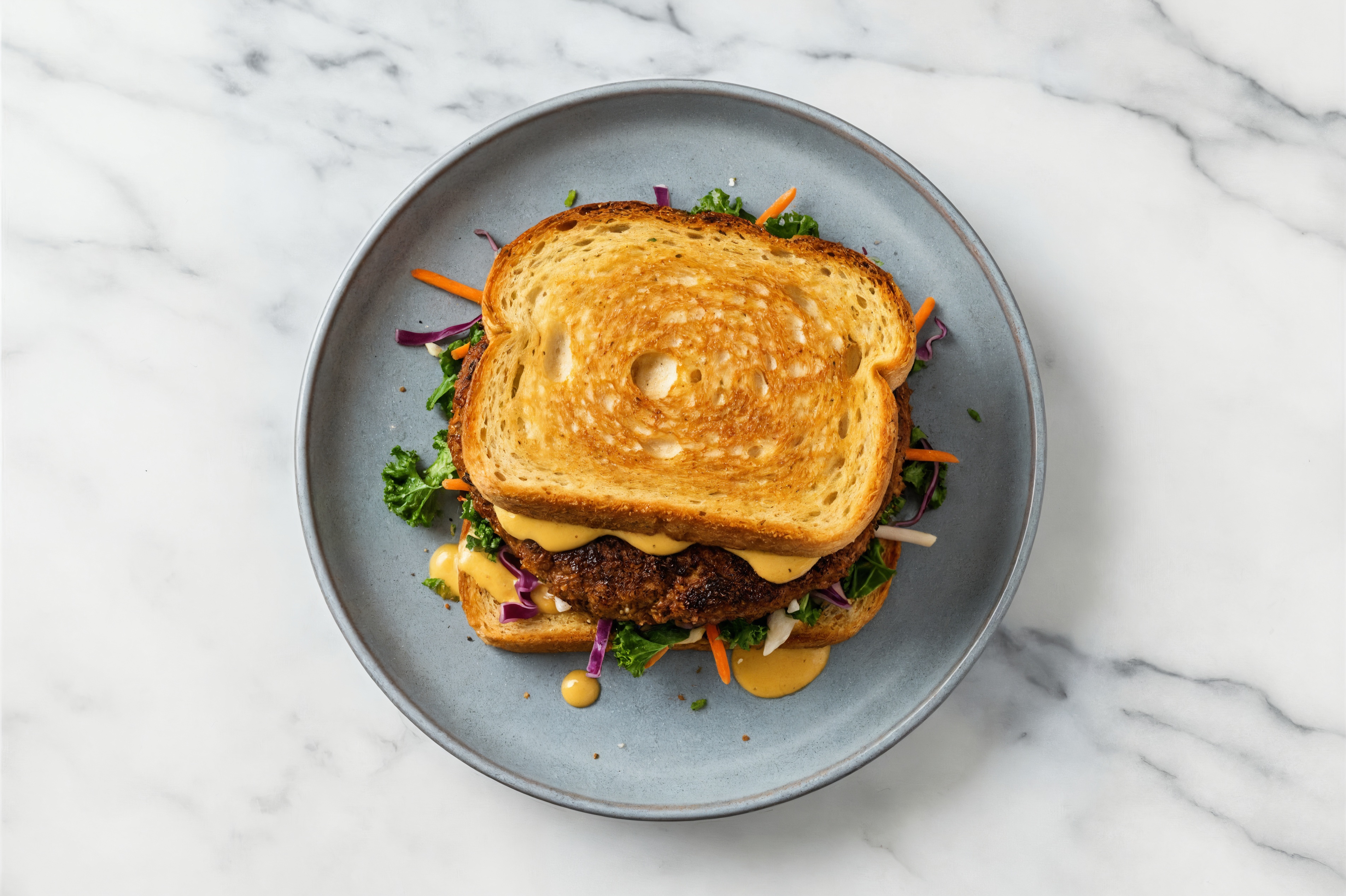 Rainbow Veggie Beyond Burger on GF Bread with Special Sauce