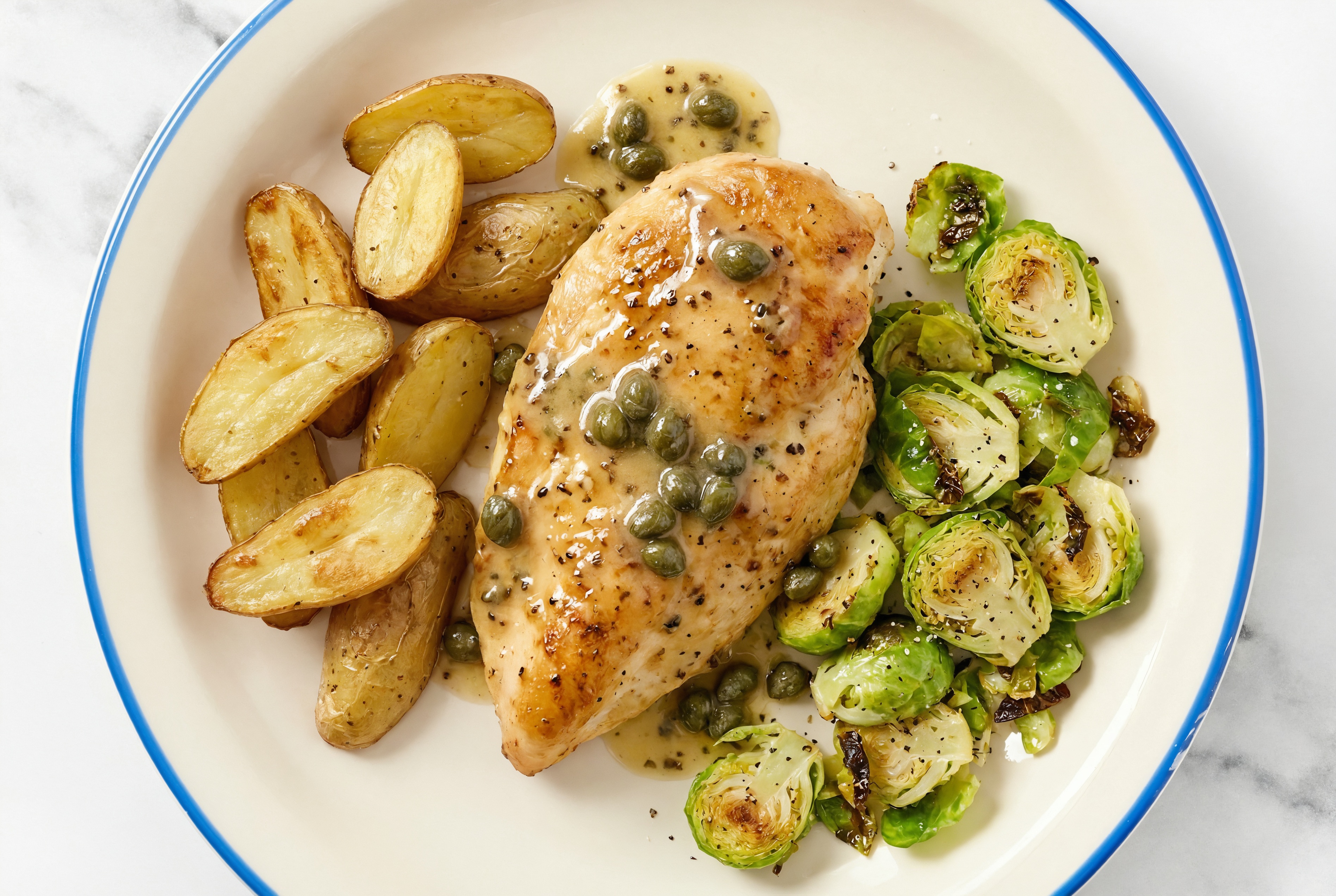 Caper-Slow Churned Lemon & Peppercorn Pasture Butter Chicken Breast with Fingerling Potatoes & Brussels