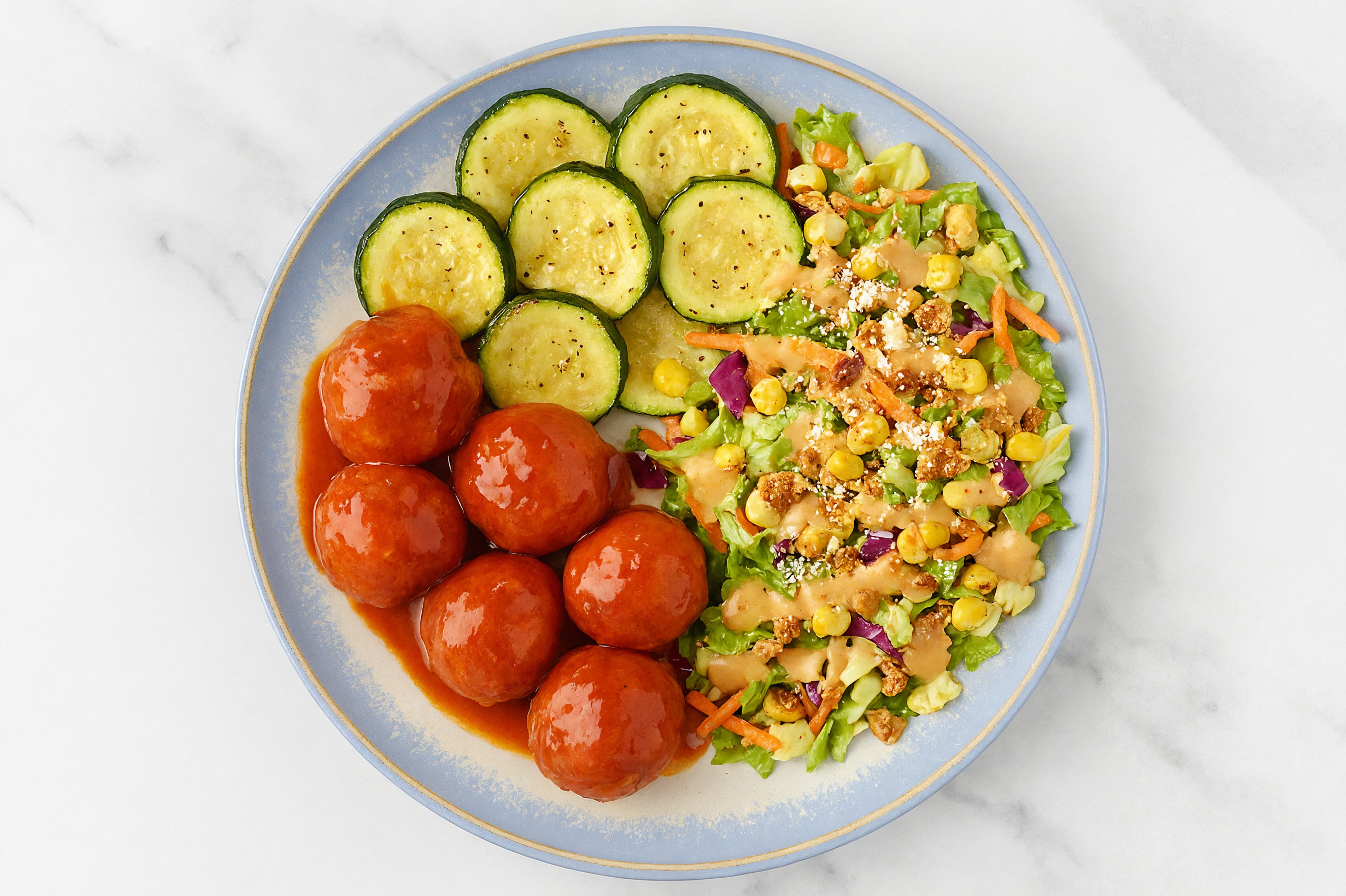 Sweet Chili Baked Beef Meatballs & Zucchini with Street Corn Salad