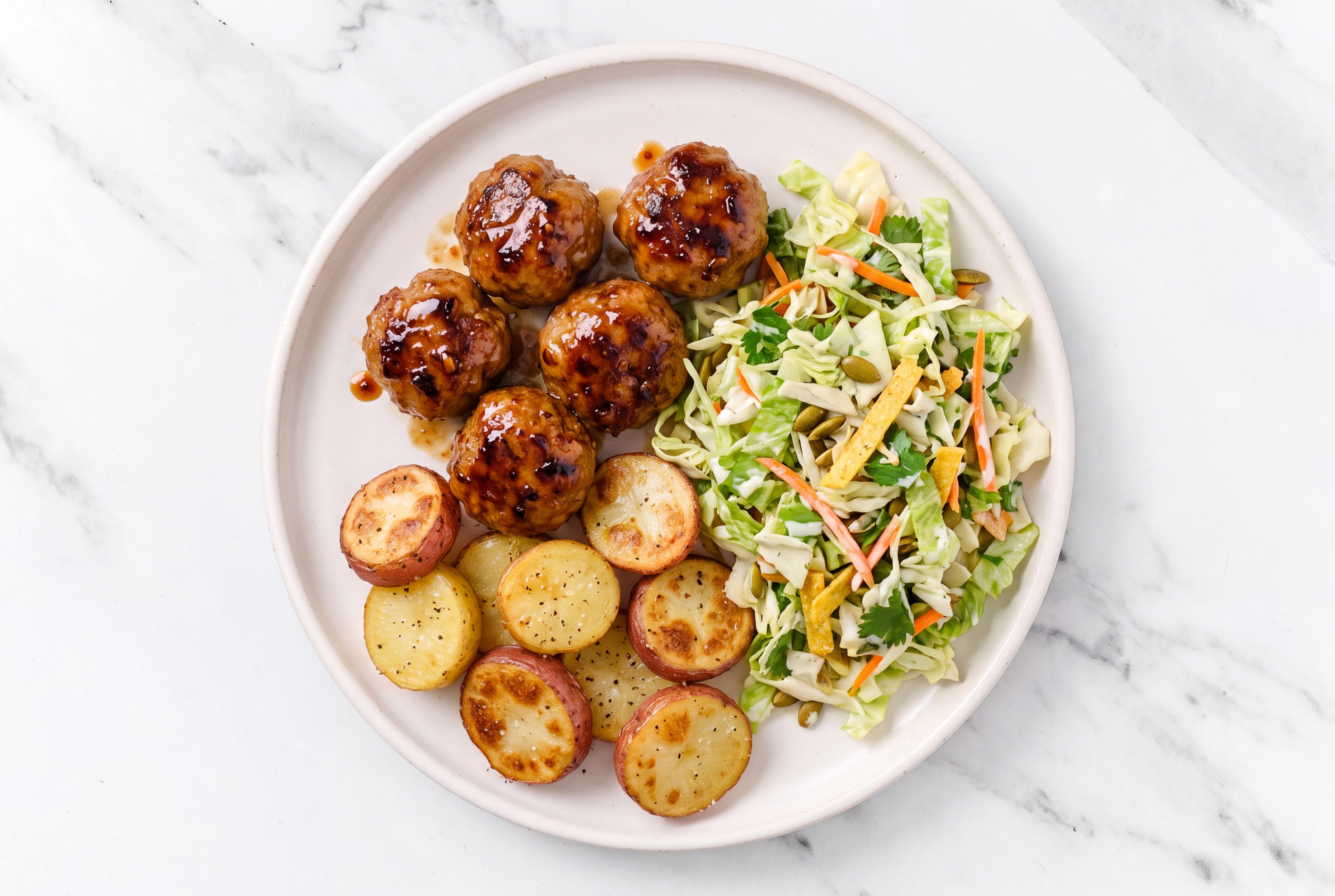 Teriyaki Baked Beef Meatballs & Creamer Potatoes with Southwest Salad
