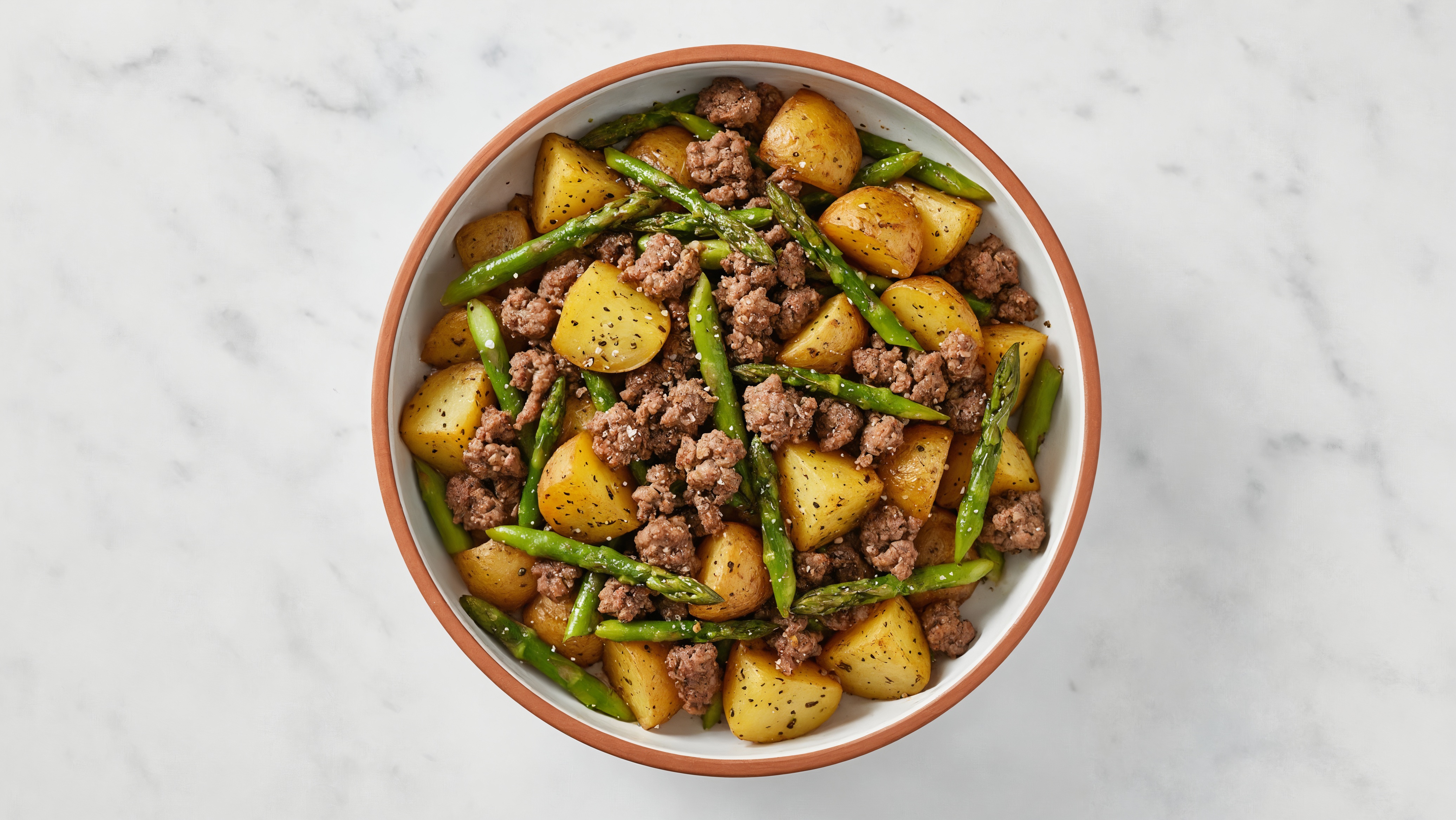 Honey Herb-Seasoned Ground Beef Bowl with Fresh Asparagus + Yellow Potatoes