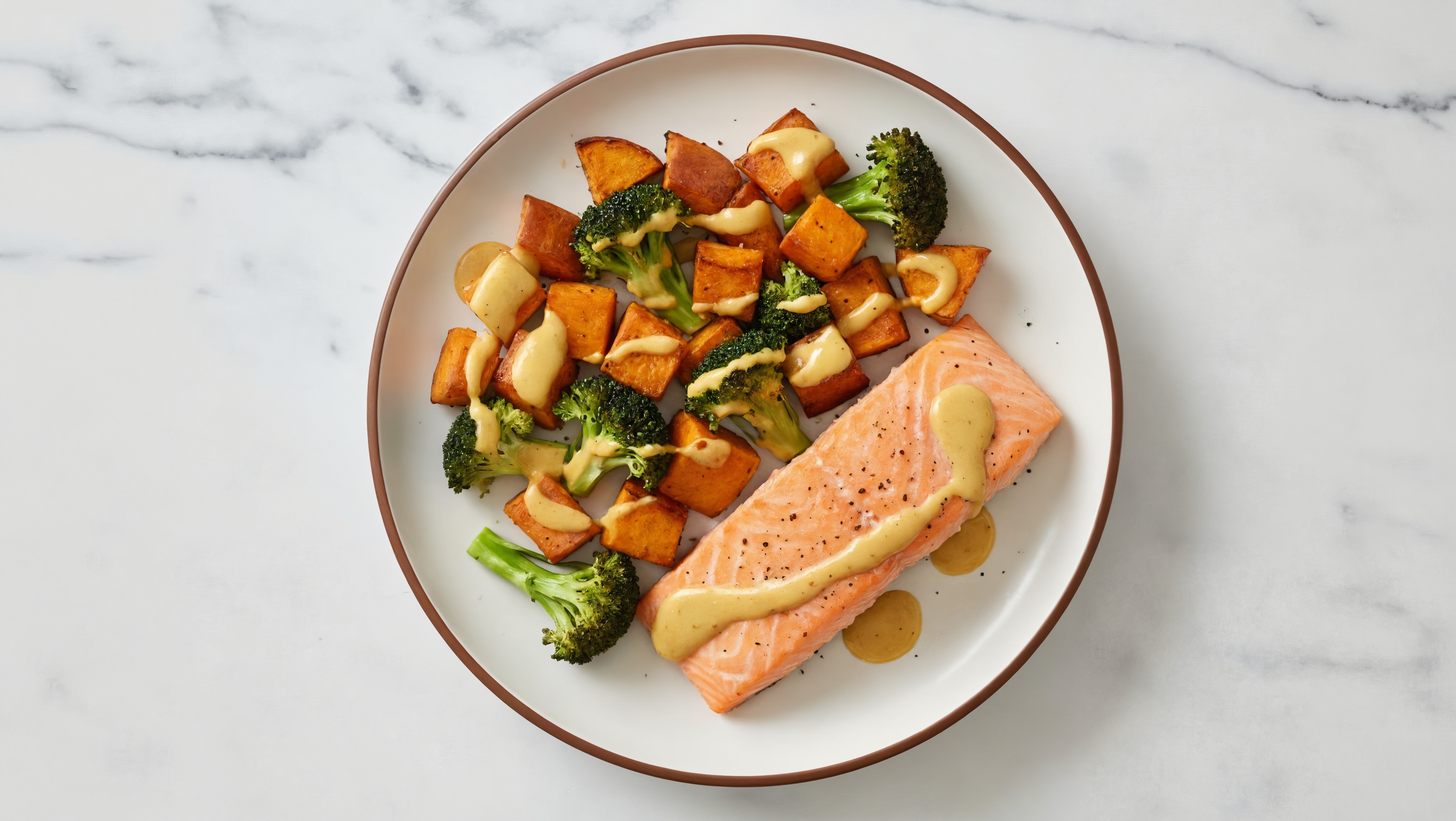 Sheet Pan Honey Mustard-Salmon with Sweet Potatoes & Broccoli
