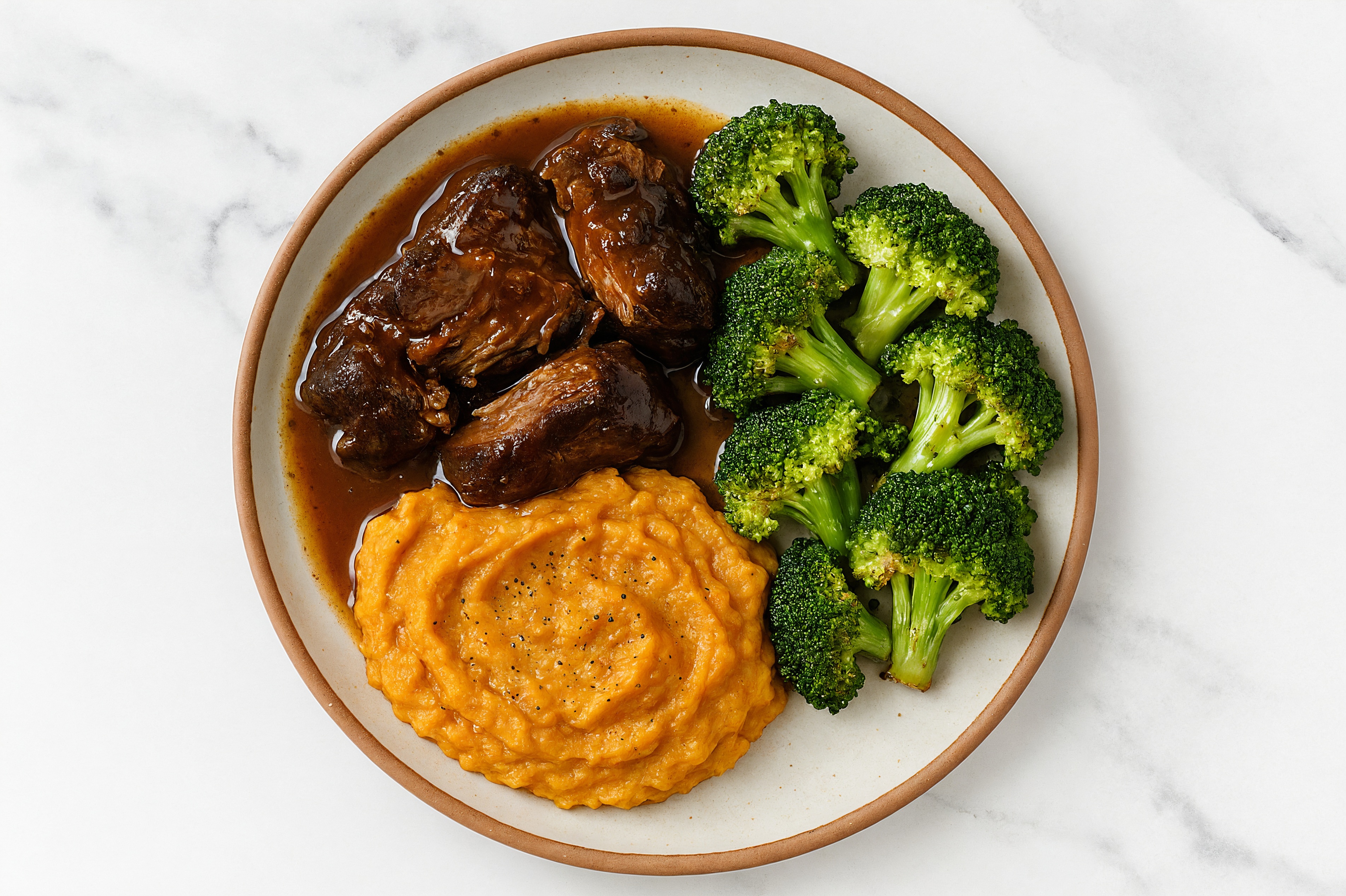 Beef Short Ribs with Mashed Sweet Potatoes + Organic Broccoli