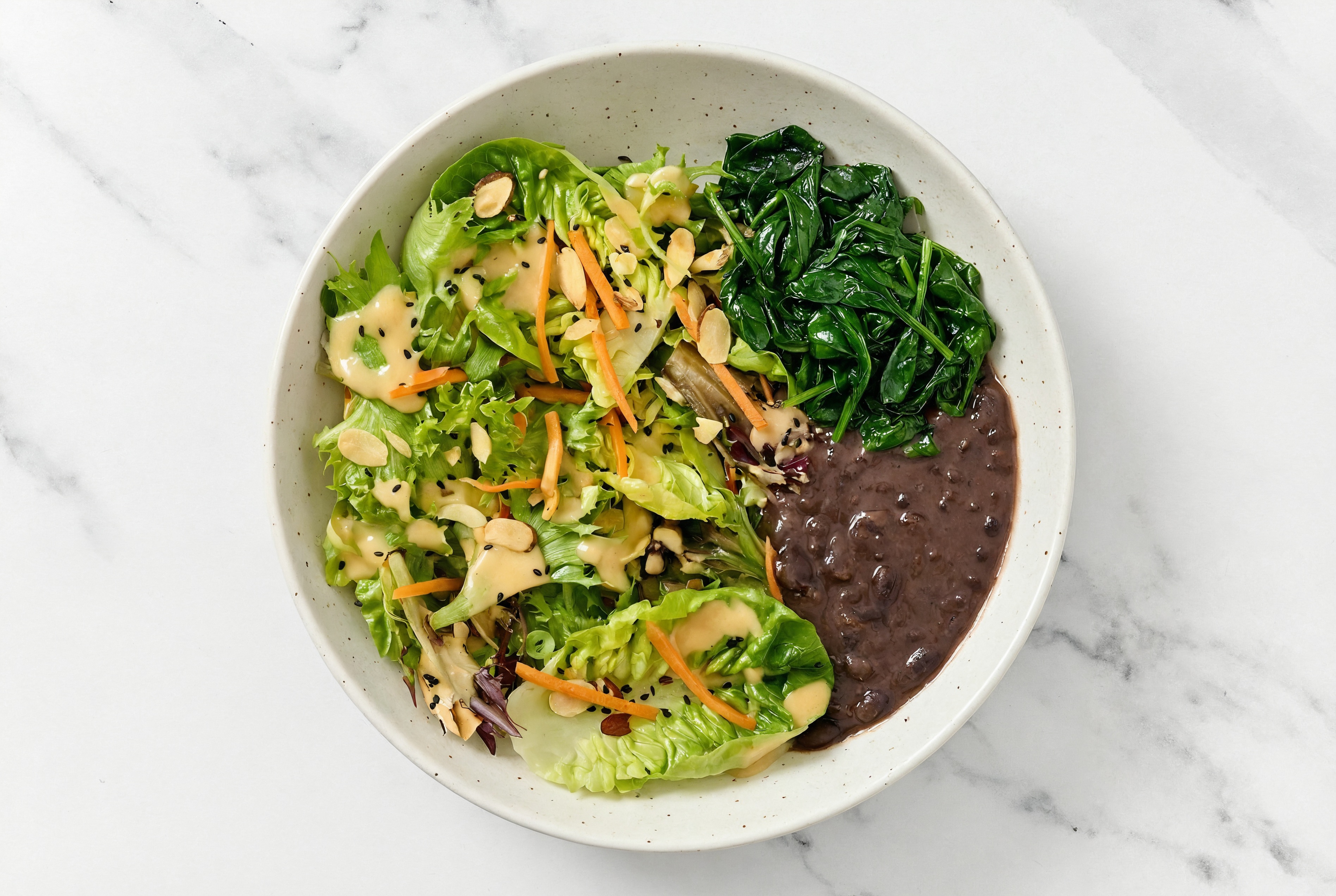 Savory Black Bean Soup with Baby Spinach + Little Gem Salad