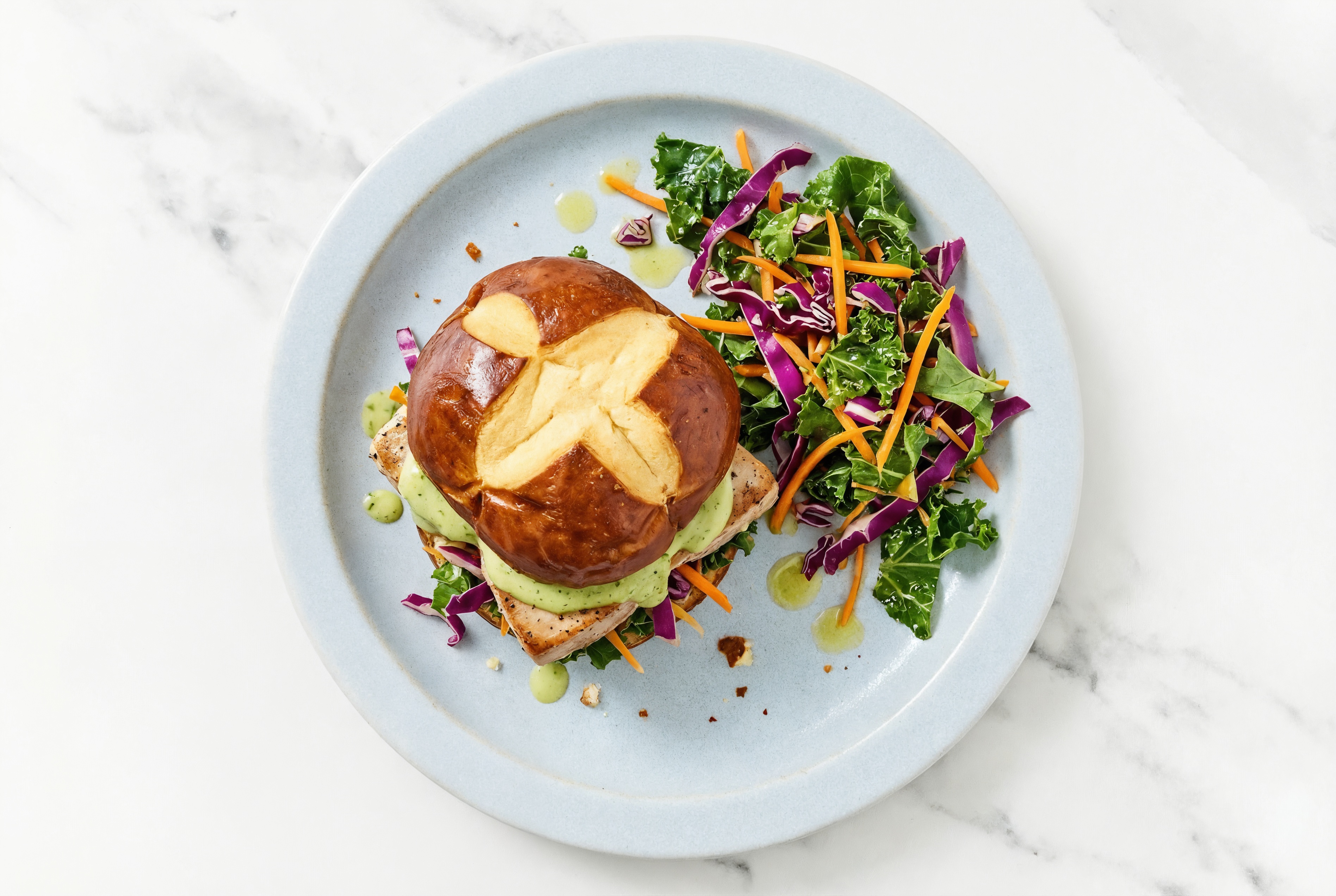 Green Goddess Tuna Sandwich on Pretzel Bun with Rainbow Veggies