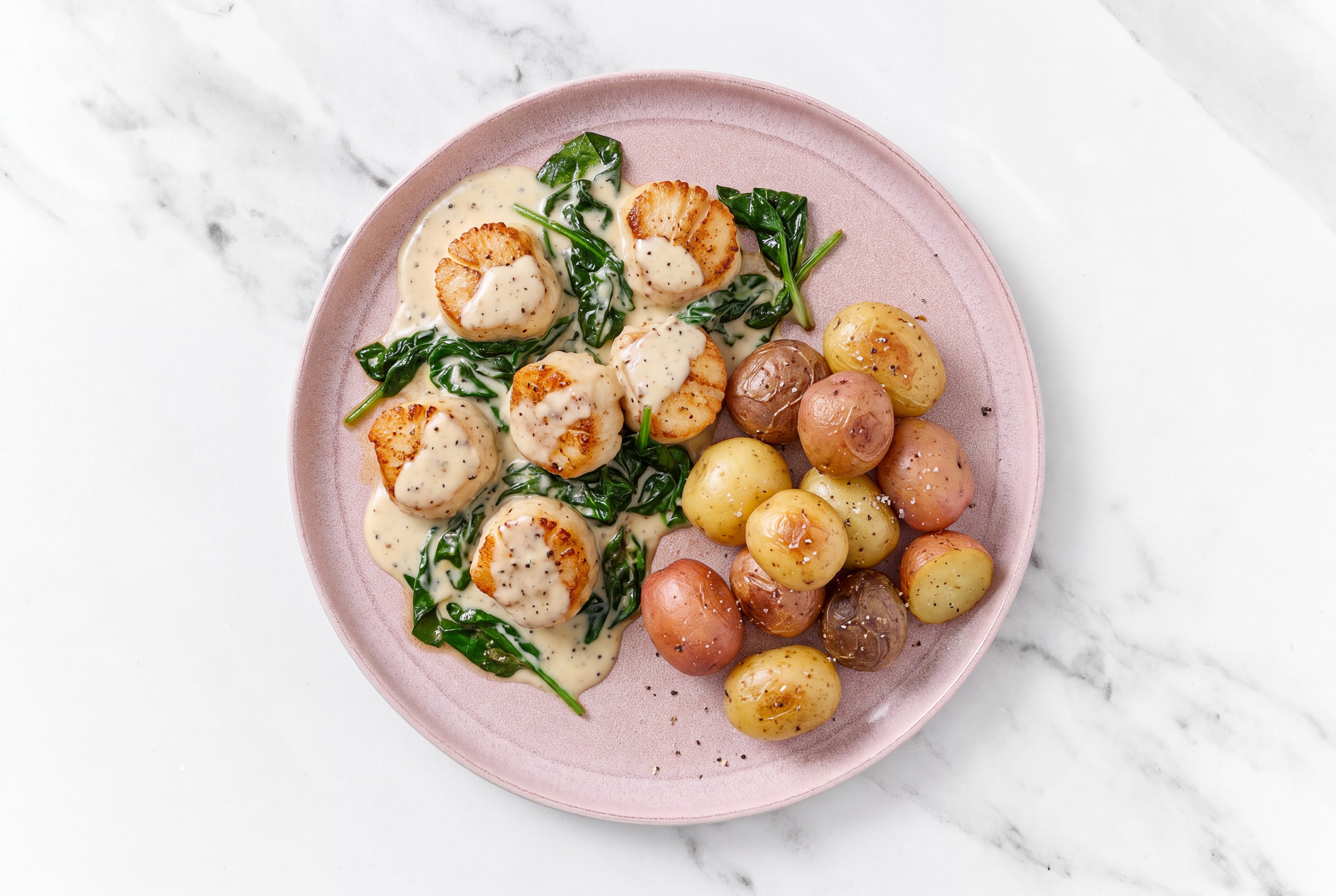 Alfredo Seared Jumbo Scallops + Baby Spinach