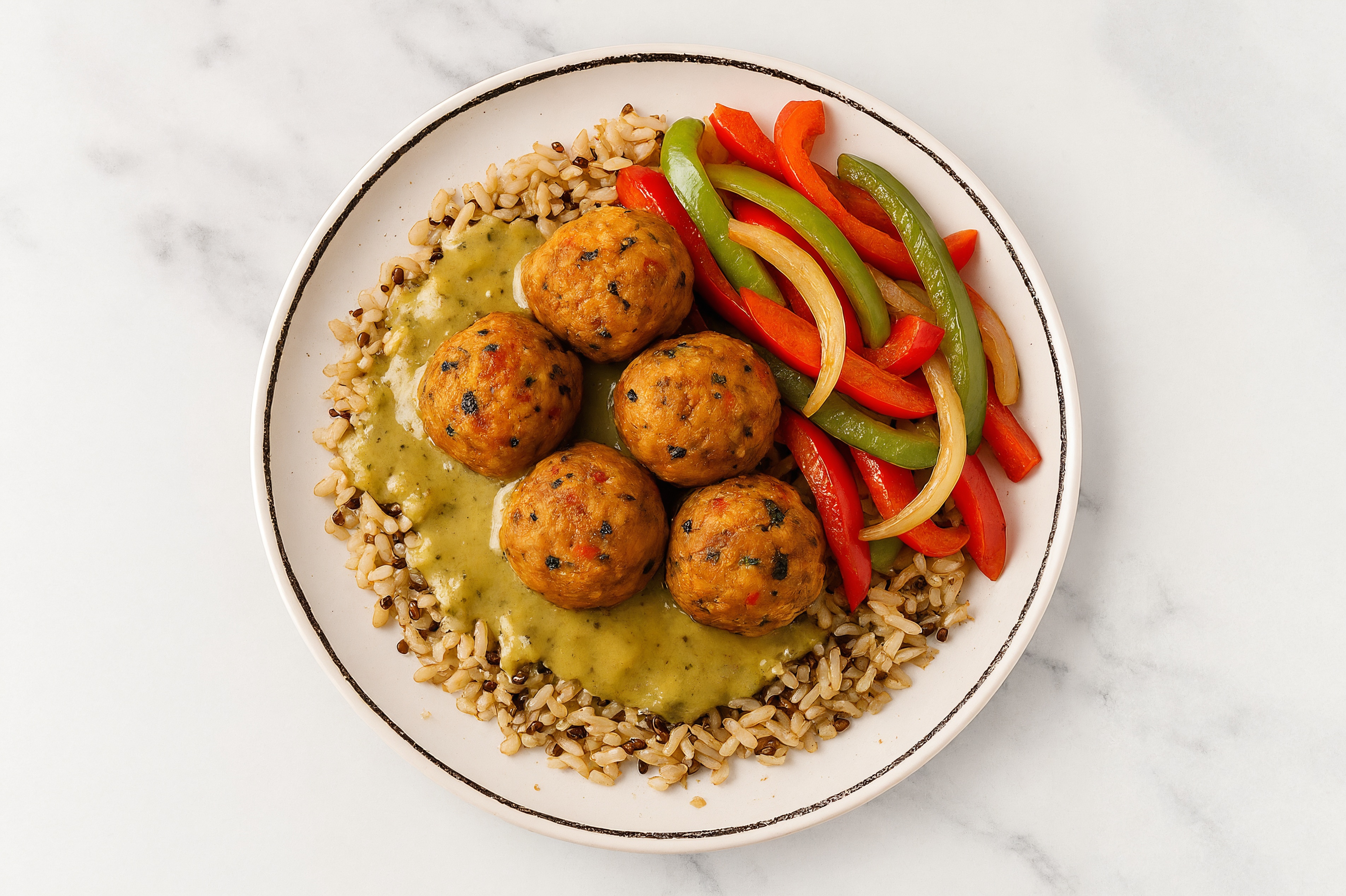 Green Chile Black Bean Ball Rice Bowl