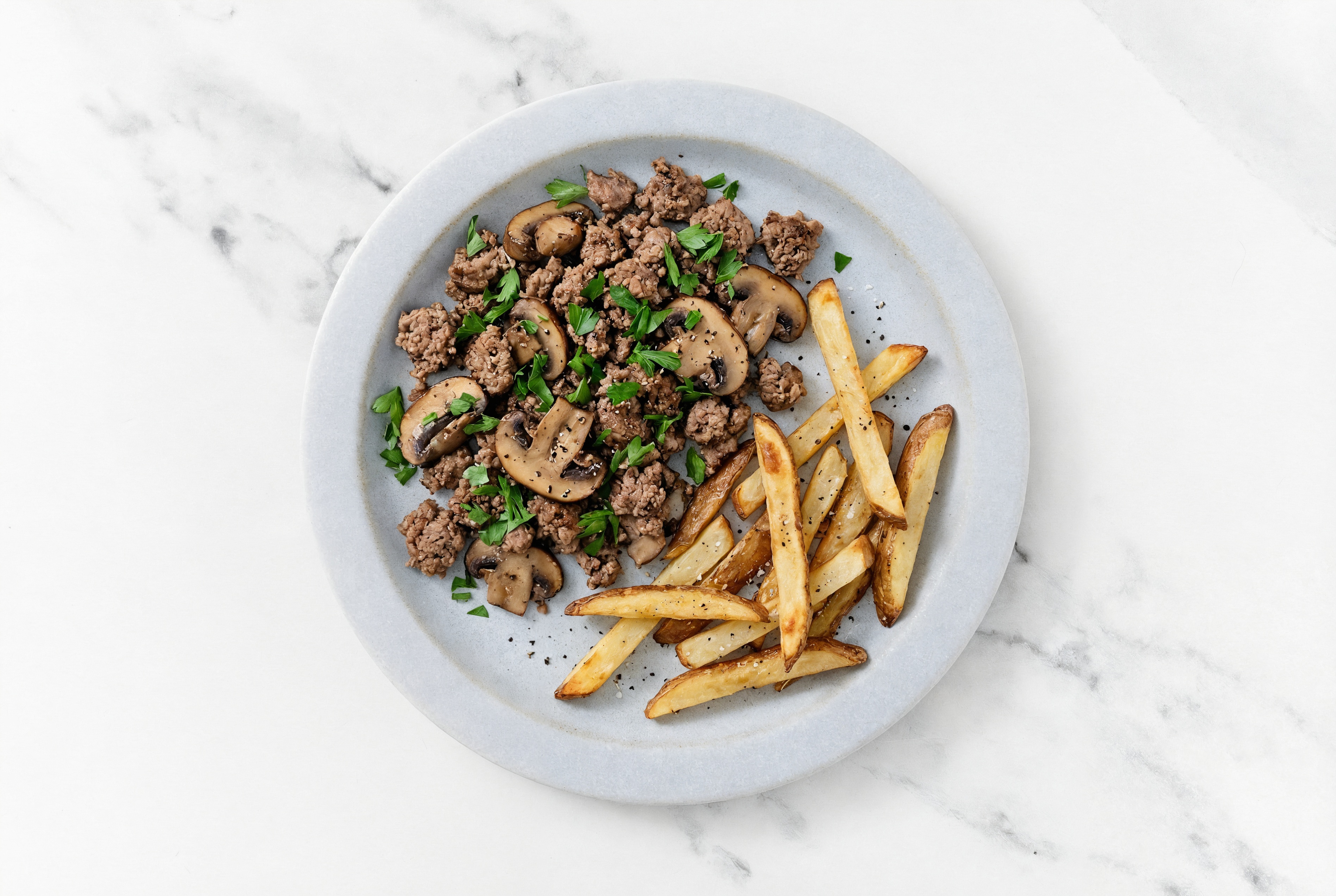  Ground Beef + Fries with Baby Bellas, Balsamic Seasoning