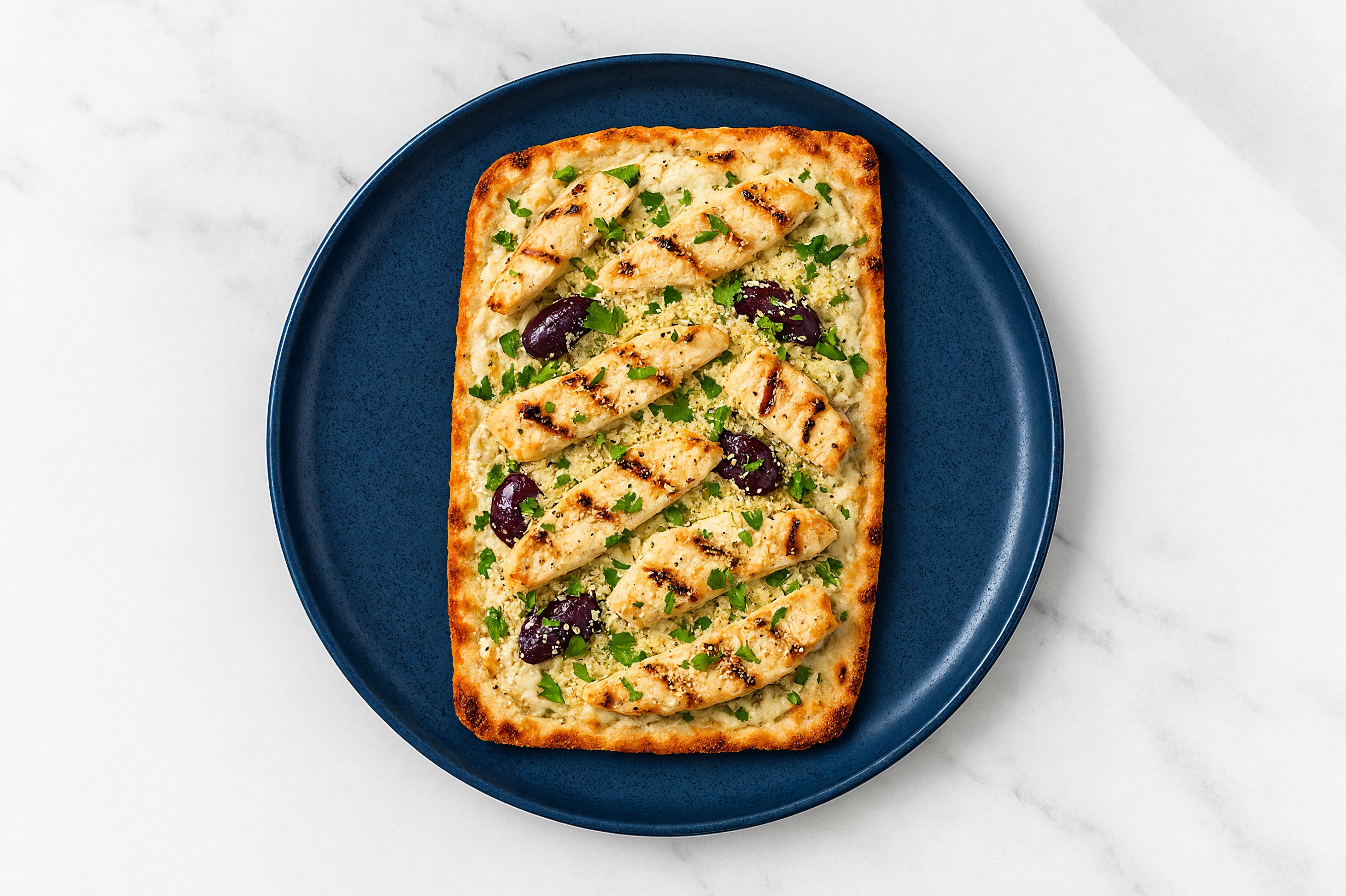 Truffle Grilled Chicken + Olives Pizza with Parsley