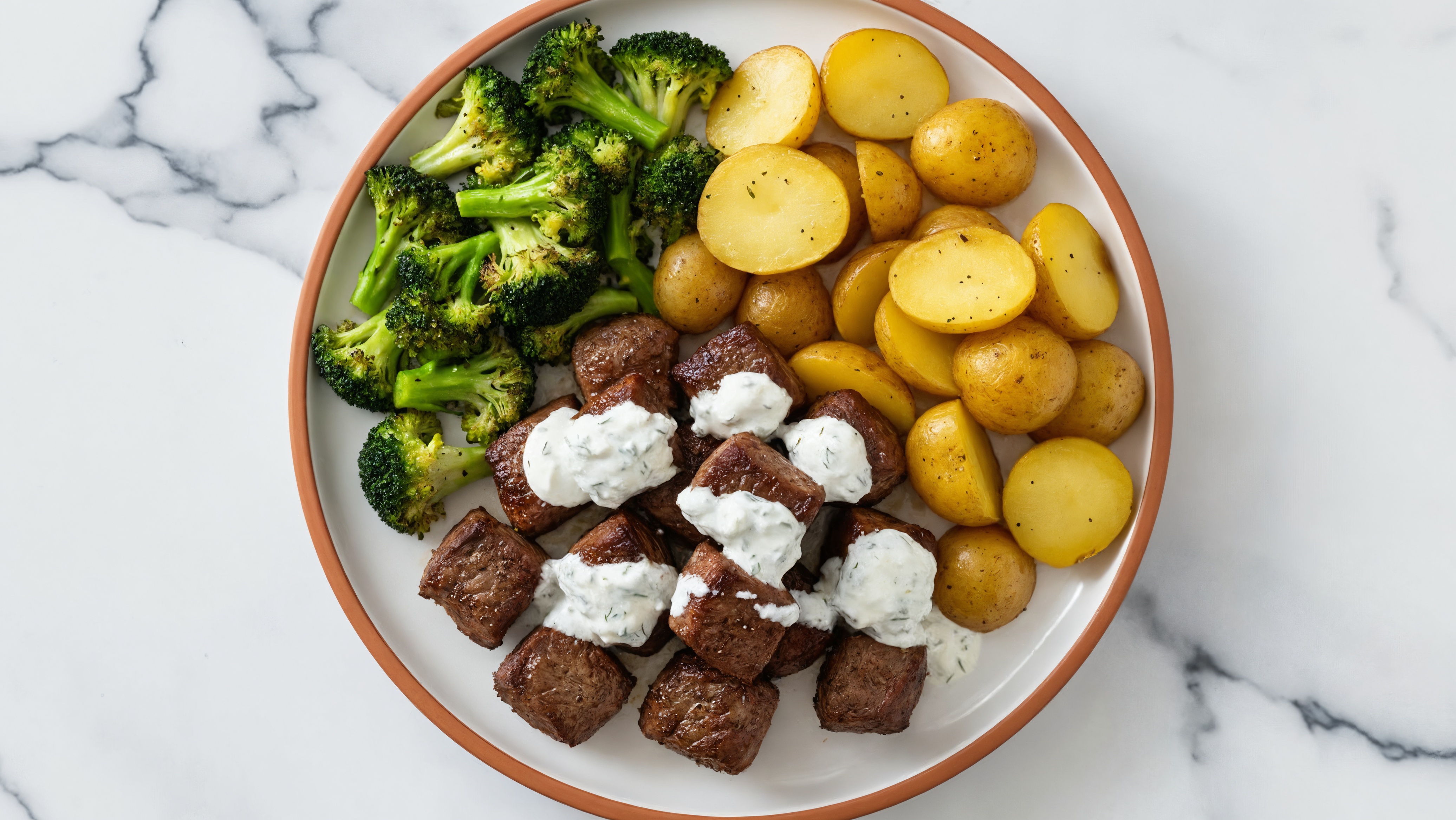 Tzatziki Seared Lamb with Organic Potatoes & Broccoli