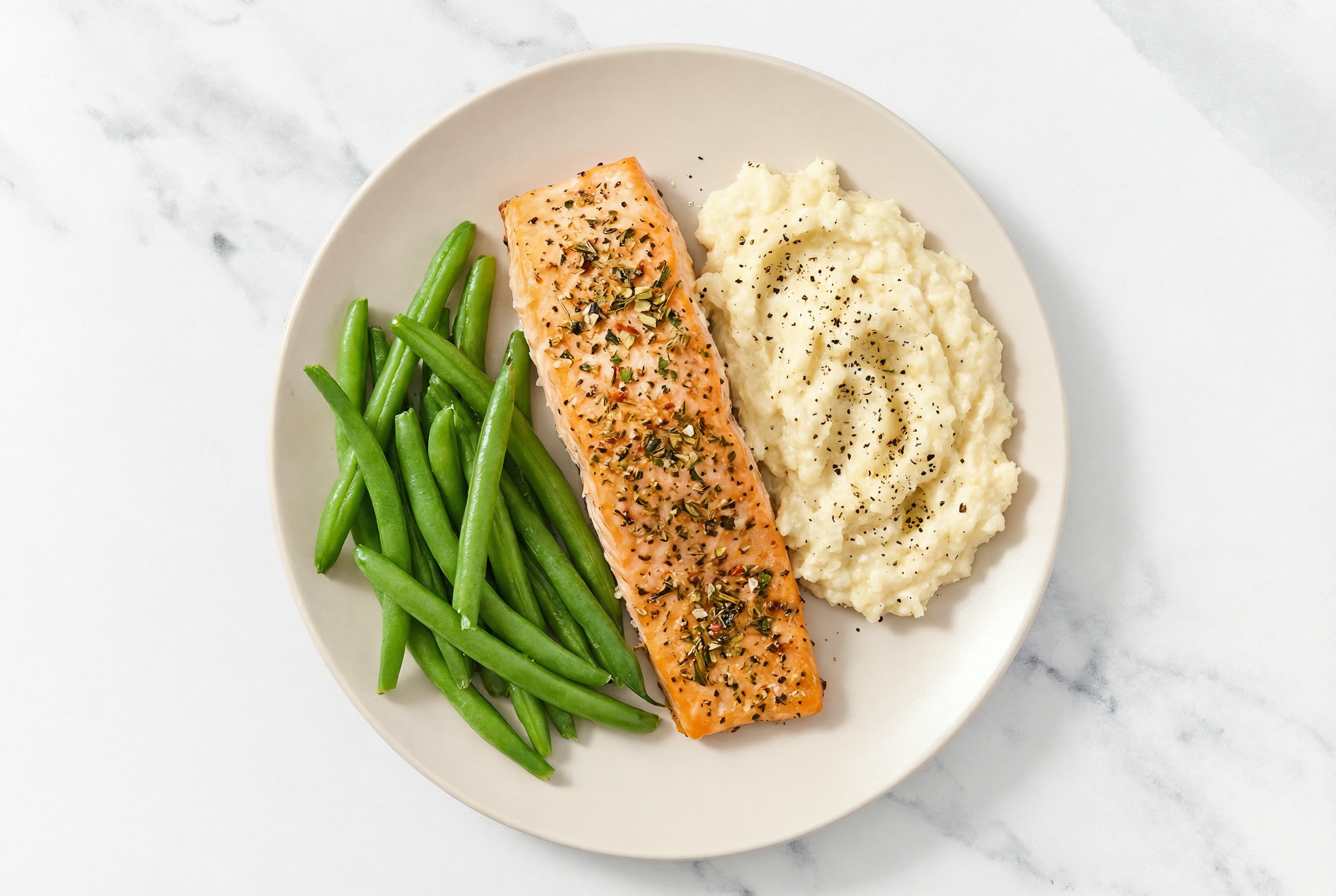 Herby Atlantic Salmon with Cauli Mash + Organic Green Beans