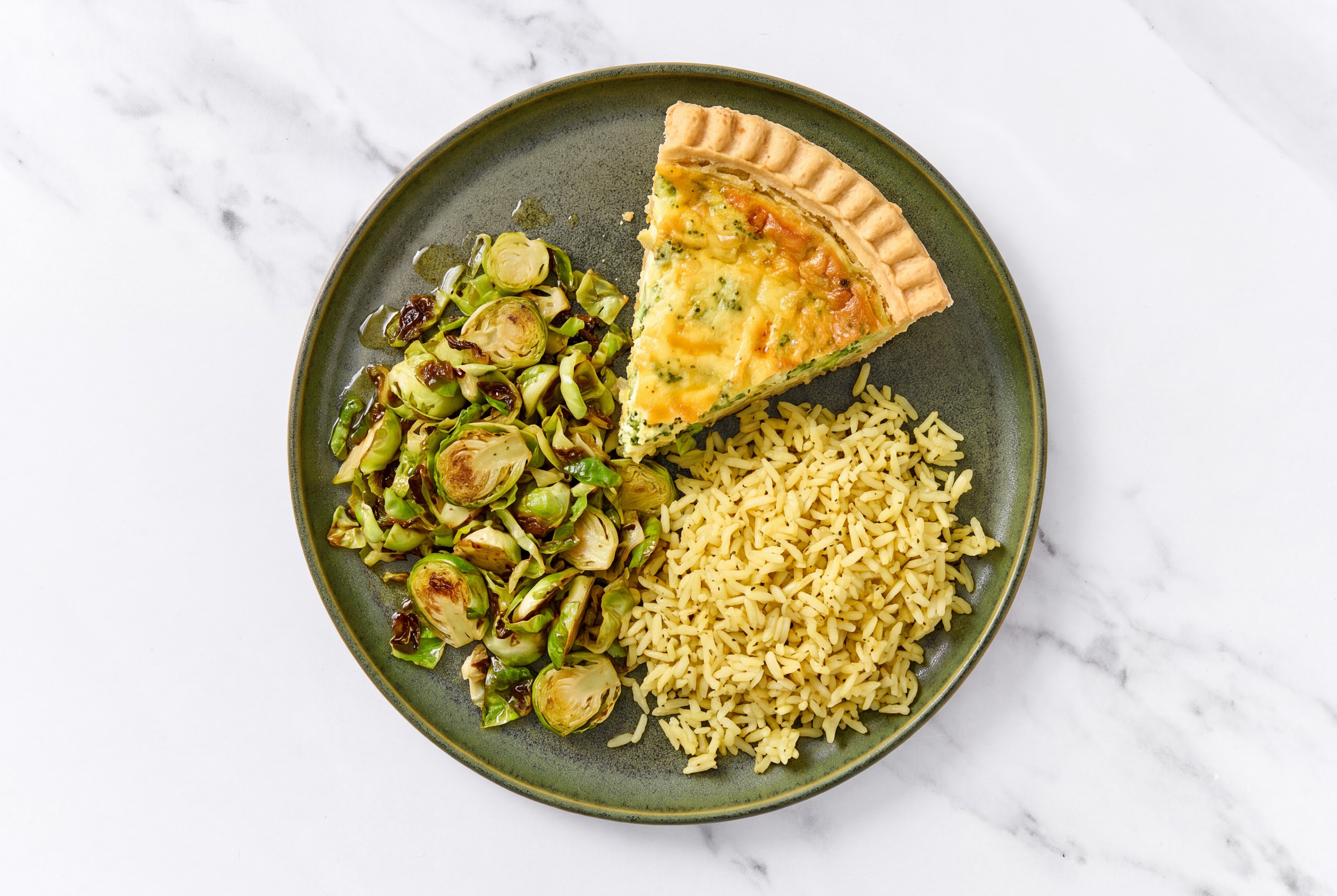 Broccoli & Cheddar Quiche with Brussels & Jasmine Rice