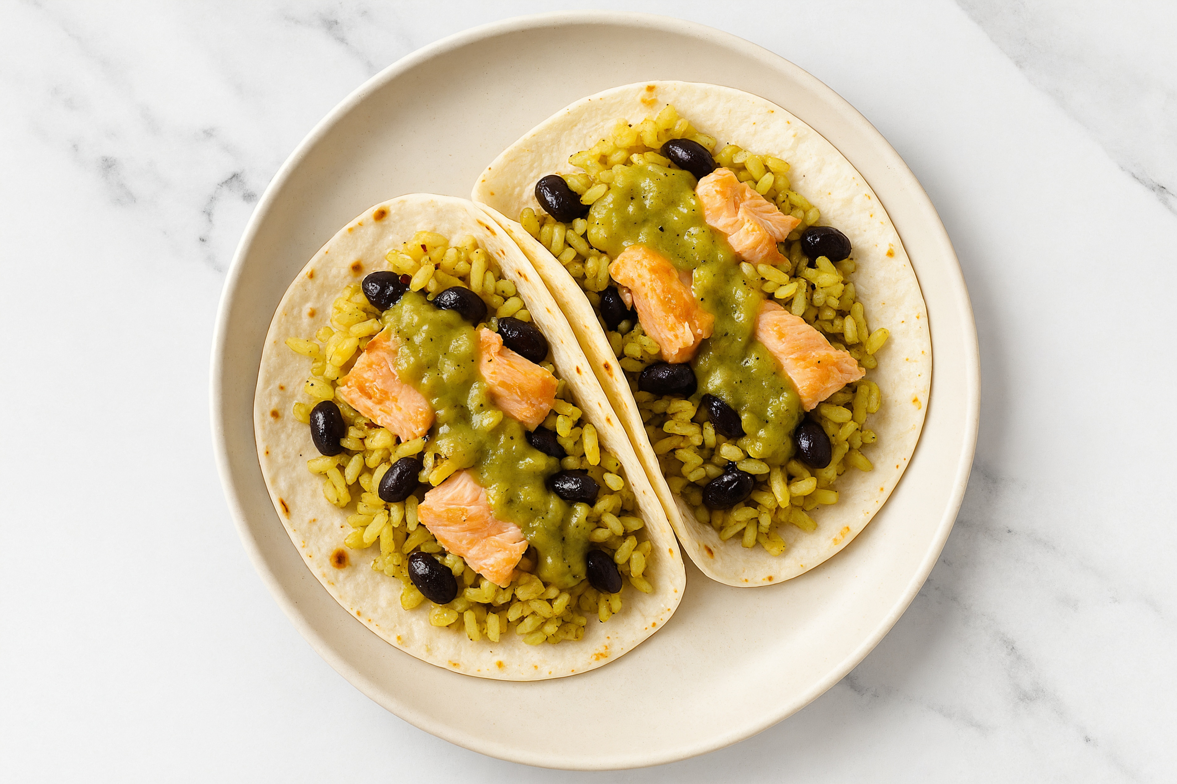 Air Fryer Green Chile Salmon Tacos with Seasoned White Rice + Black Beans